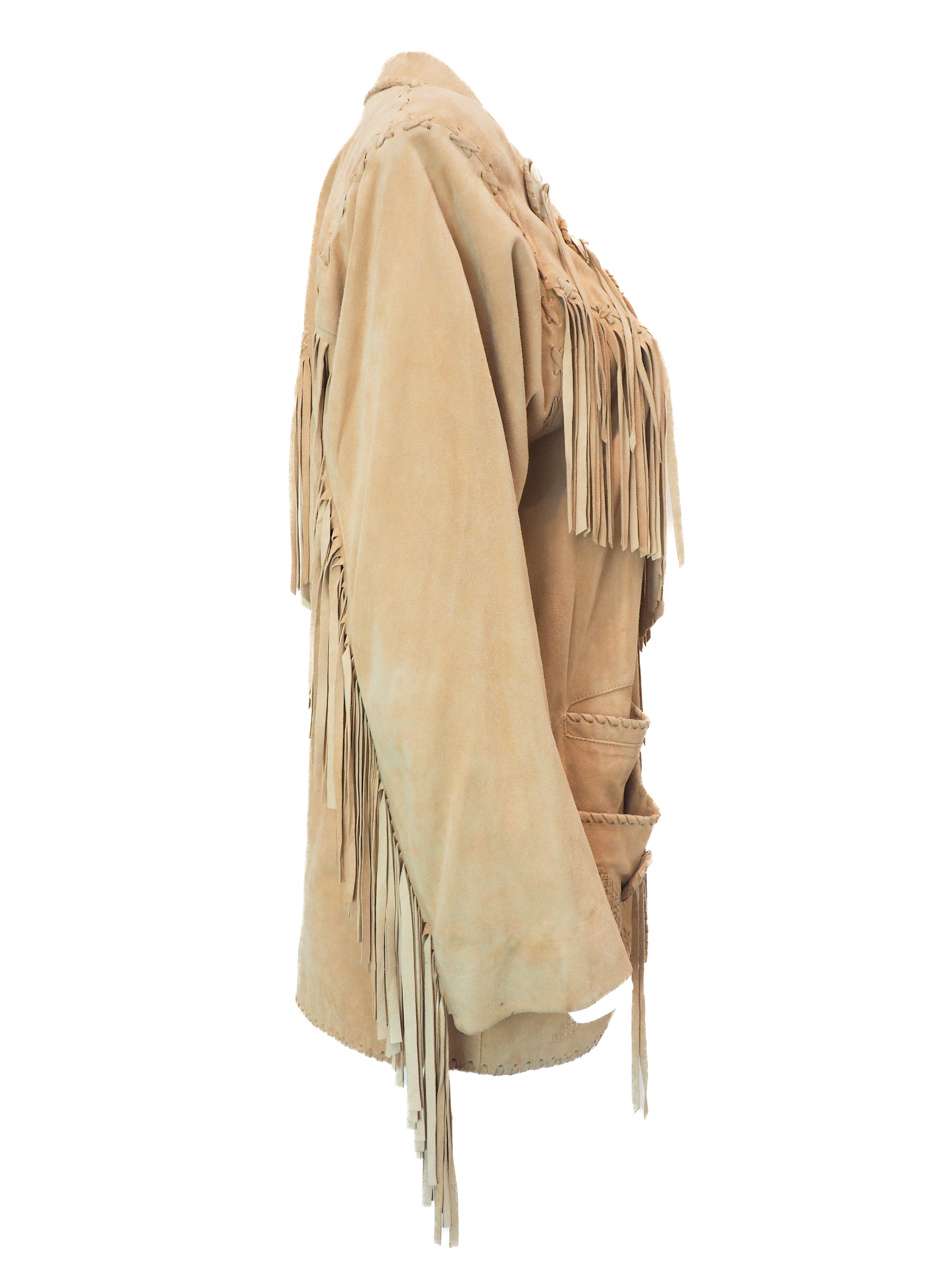 Beige suede jacket with fringe details on a white background