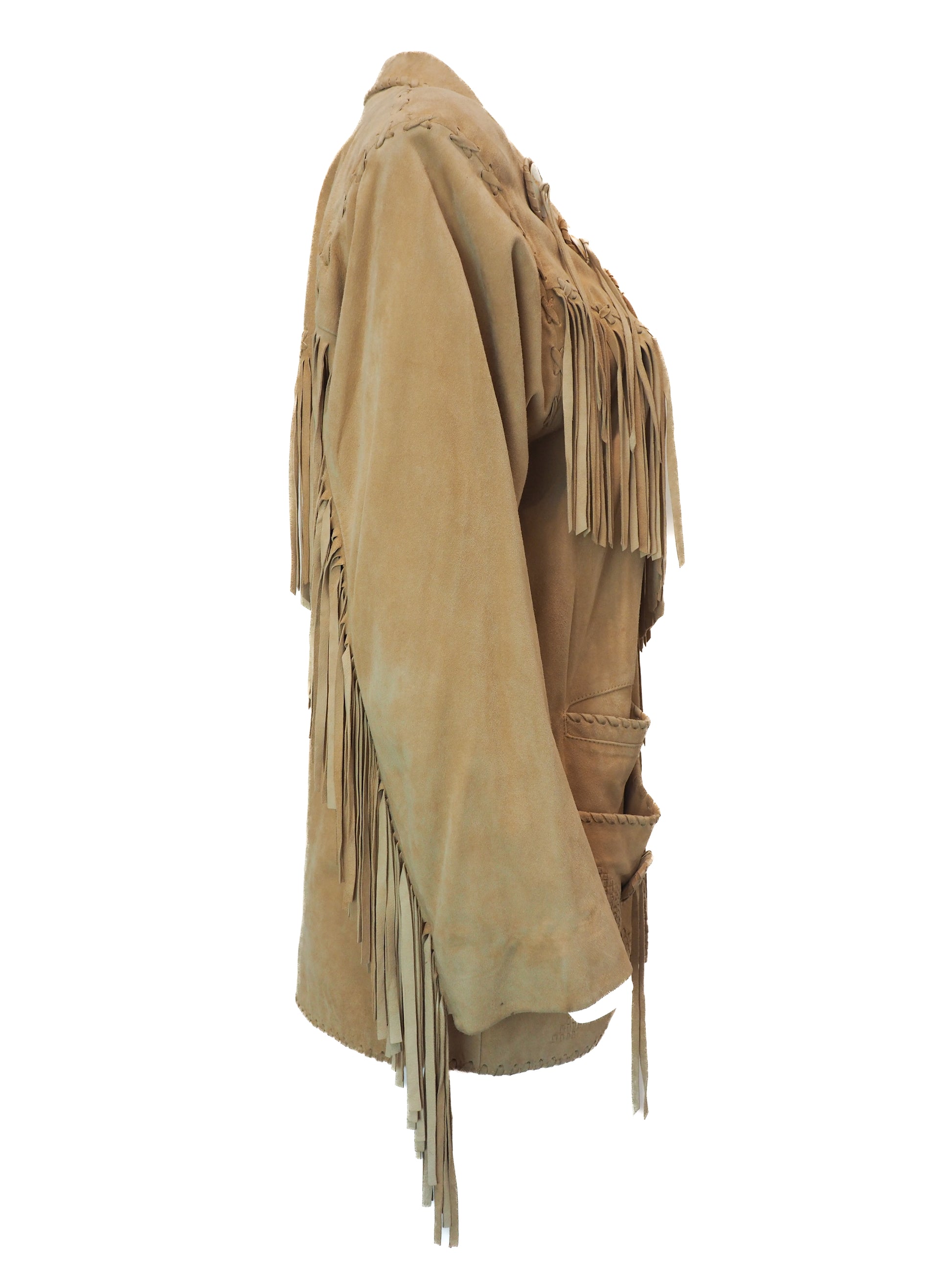 Beige suede jacket with fringe details on a white background