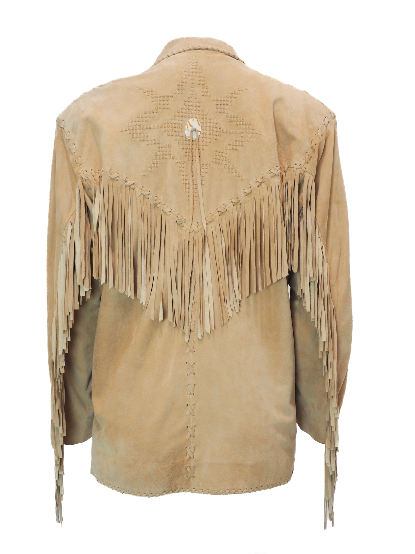 Tan leather jacket with fringe details on a white background