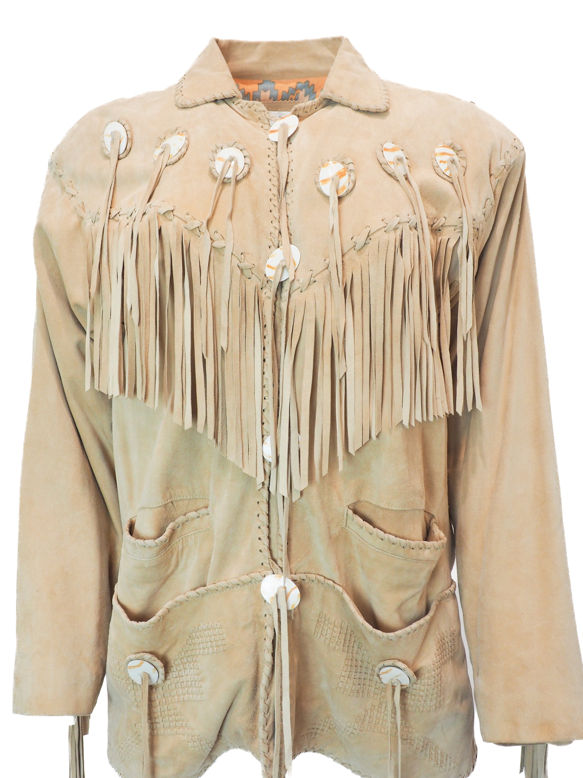 Beige leather jacket with fringe and decorative elements on a white background