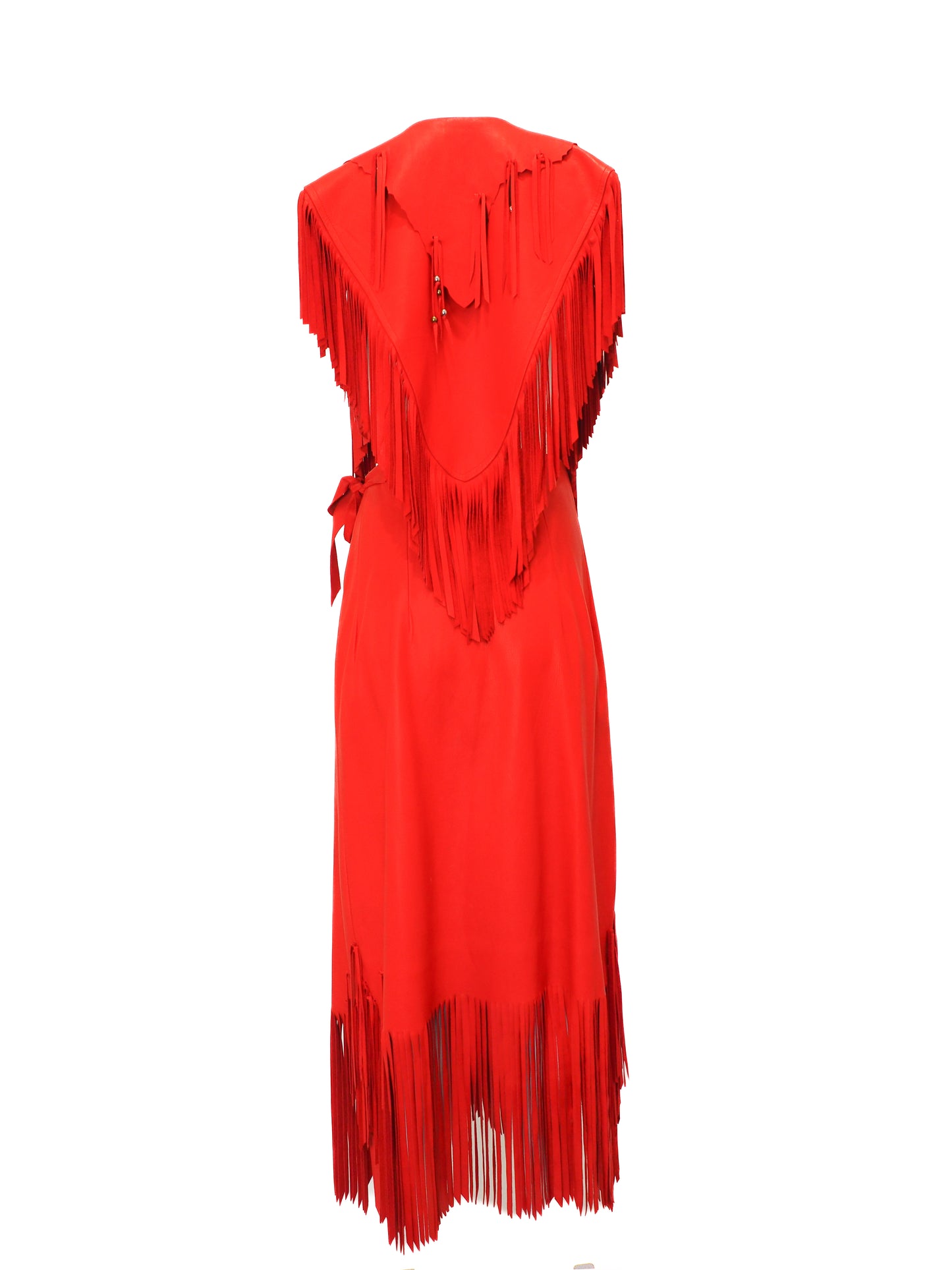 Red back of skirt set with fringe details on a white background