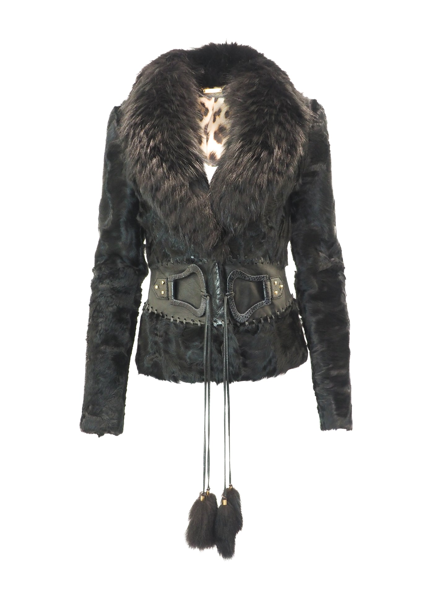 Roberto Cavalli Persian Lamb Dark fur jacket with decorative elements on a white background