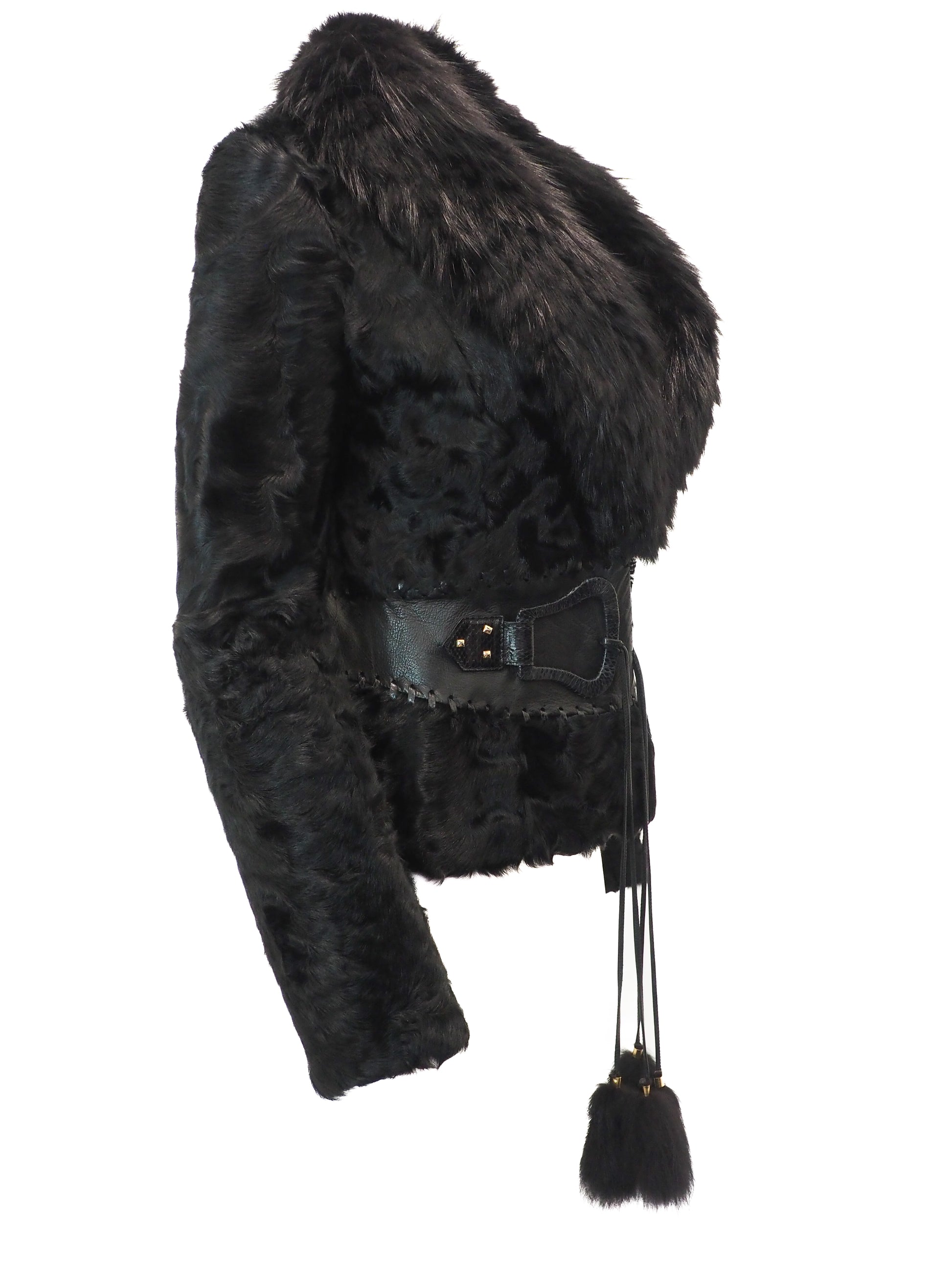 Black fur jacket with decorative elements on a white background