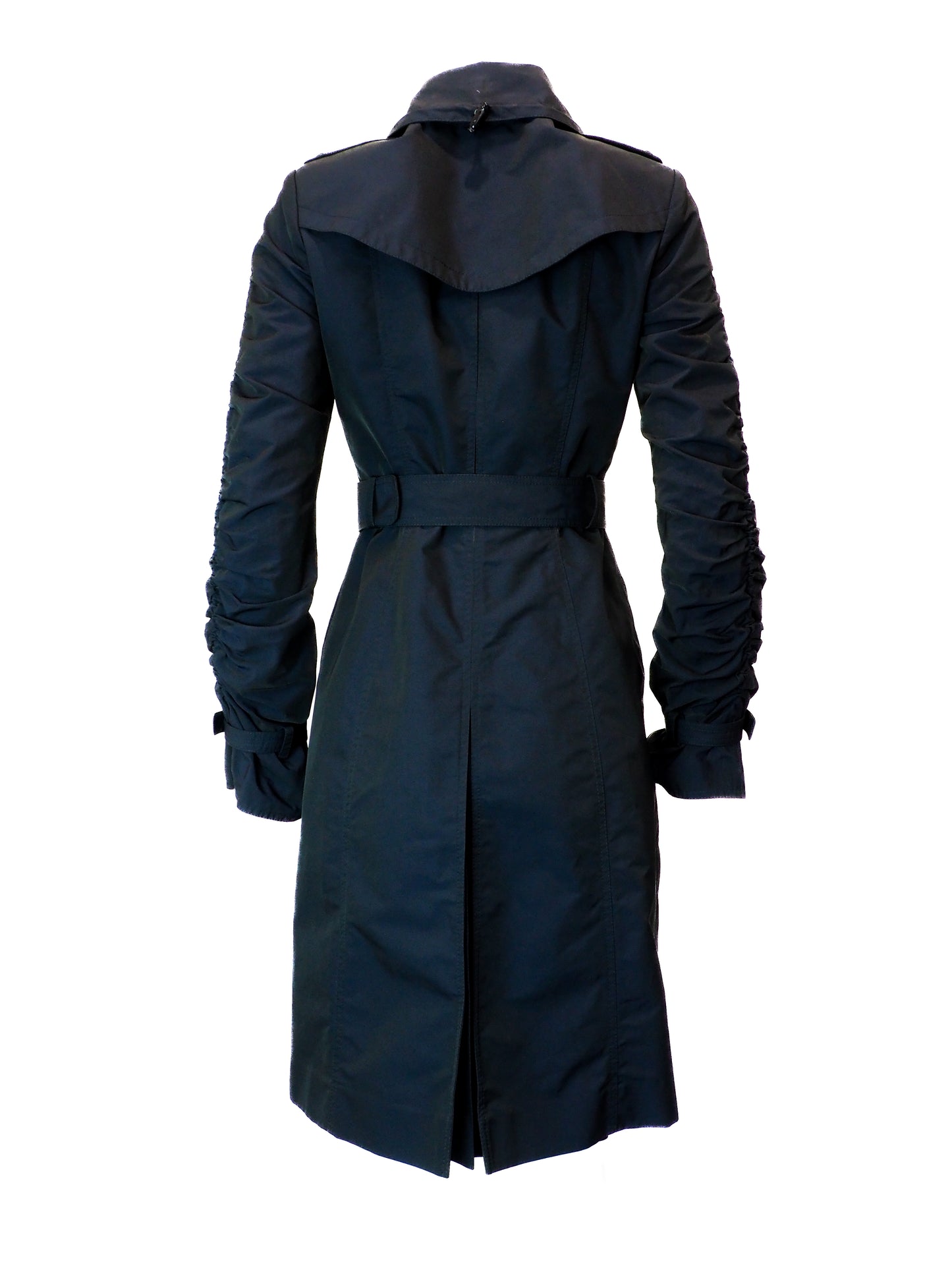 Black belted trench coat on a white background