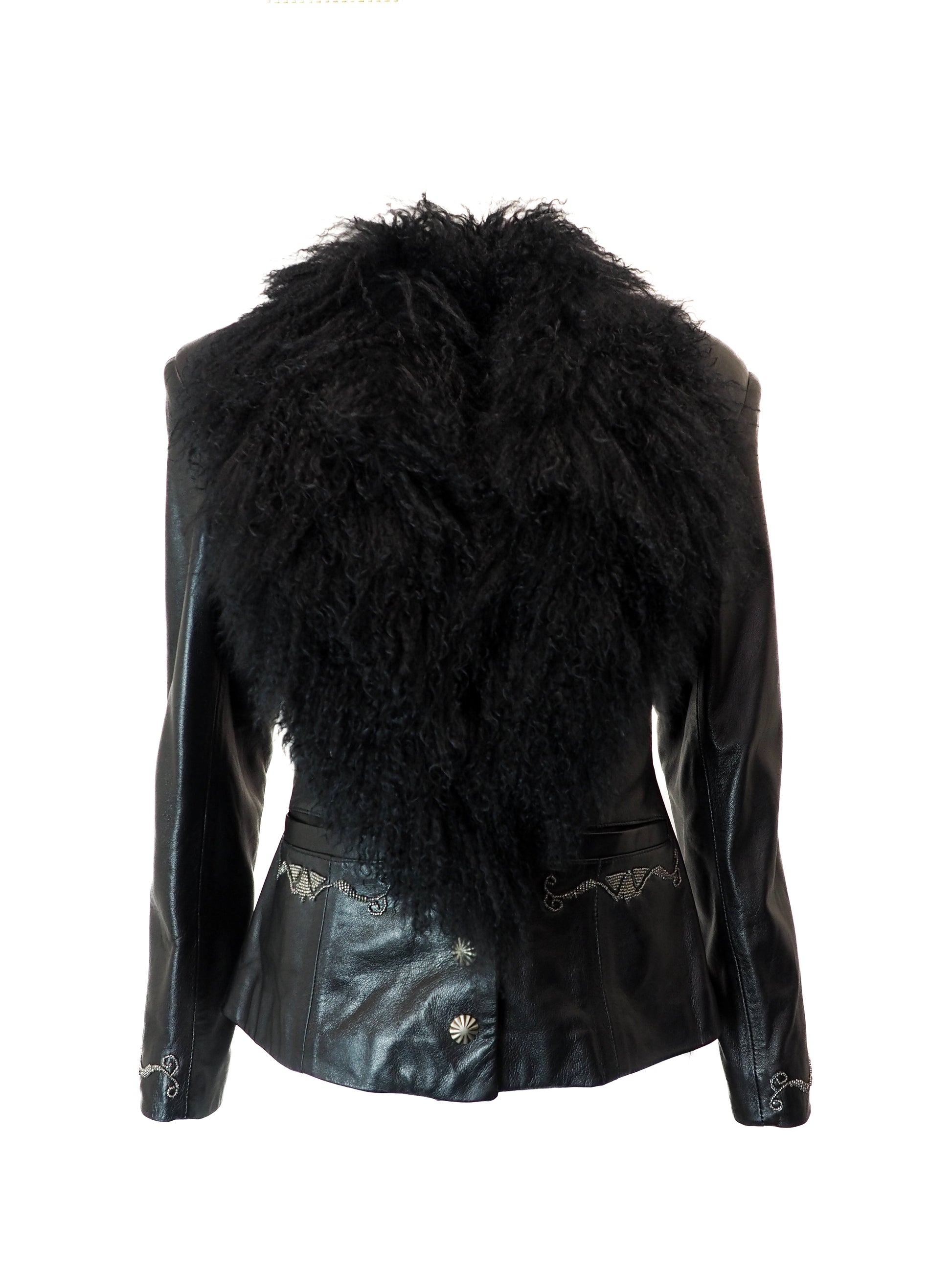 Black leather jacket with fur collar on a white background