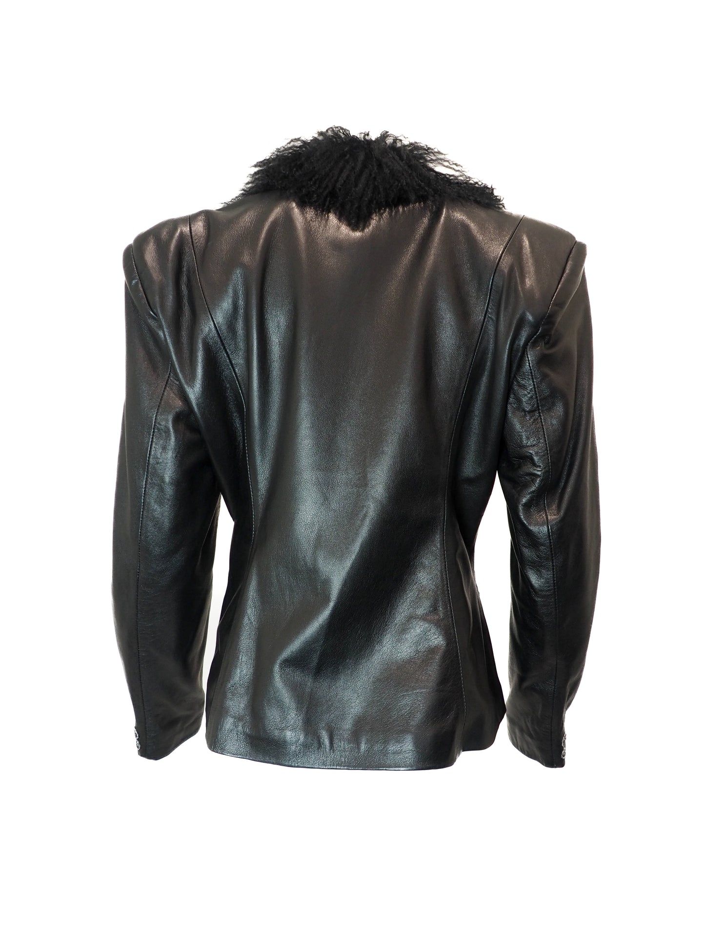 Black leather jacket with fur collar on a white background