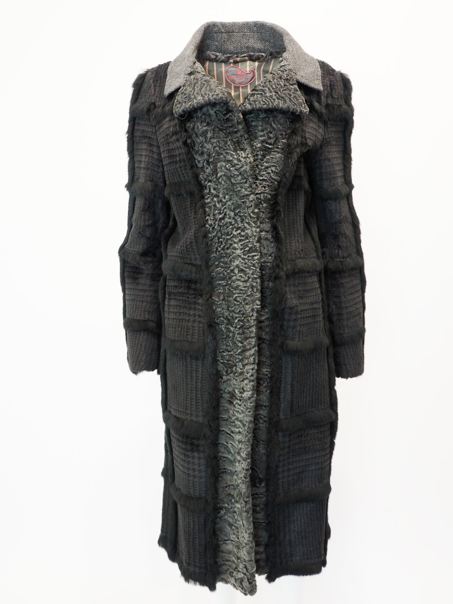 Etro 2005 Black and Gray Wool Mongolian Fur Coat