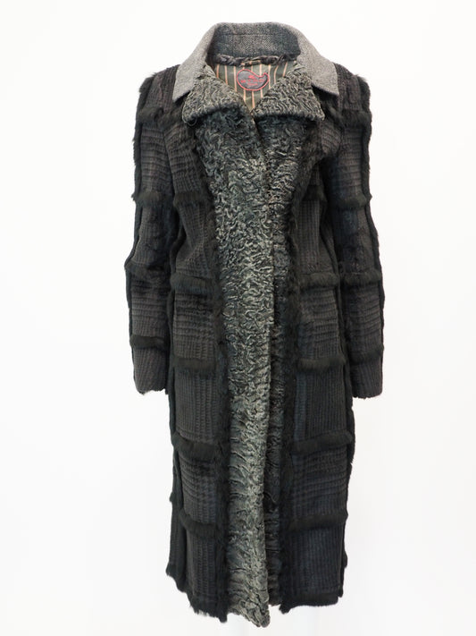 Etro 2005 Black and Gray Wool Mongolian Fur Coat