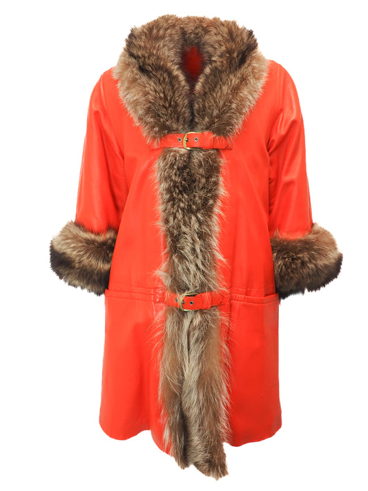 Vintage Bonnie Cashin Red Orange Leather Fox Fur Trim Coat