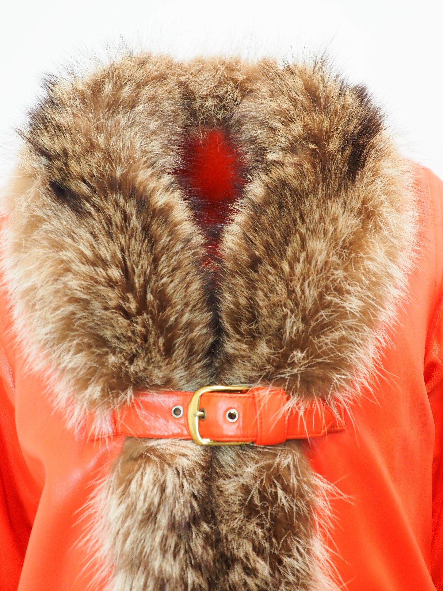 Vintage Bonnie Cashin Red Orange Leather Fox Fur Trim Coat