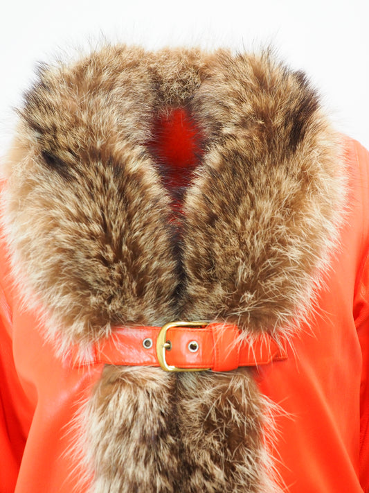 Vintage Bonnie Cashin Red Orange Leather Fox Fur Trim Coat