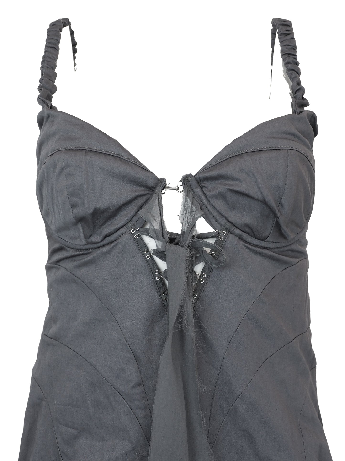 A vintage dark gray strappy dress with a sweetheart neckline, ruched bust, and lace-up front detail