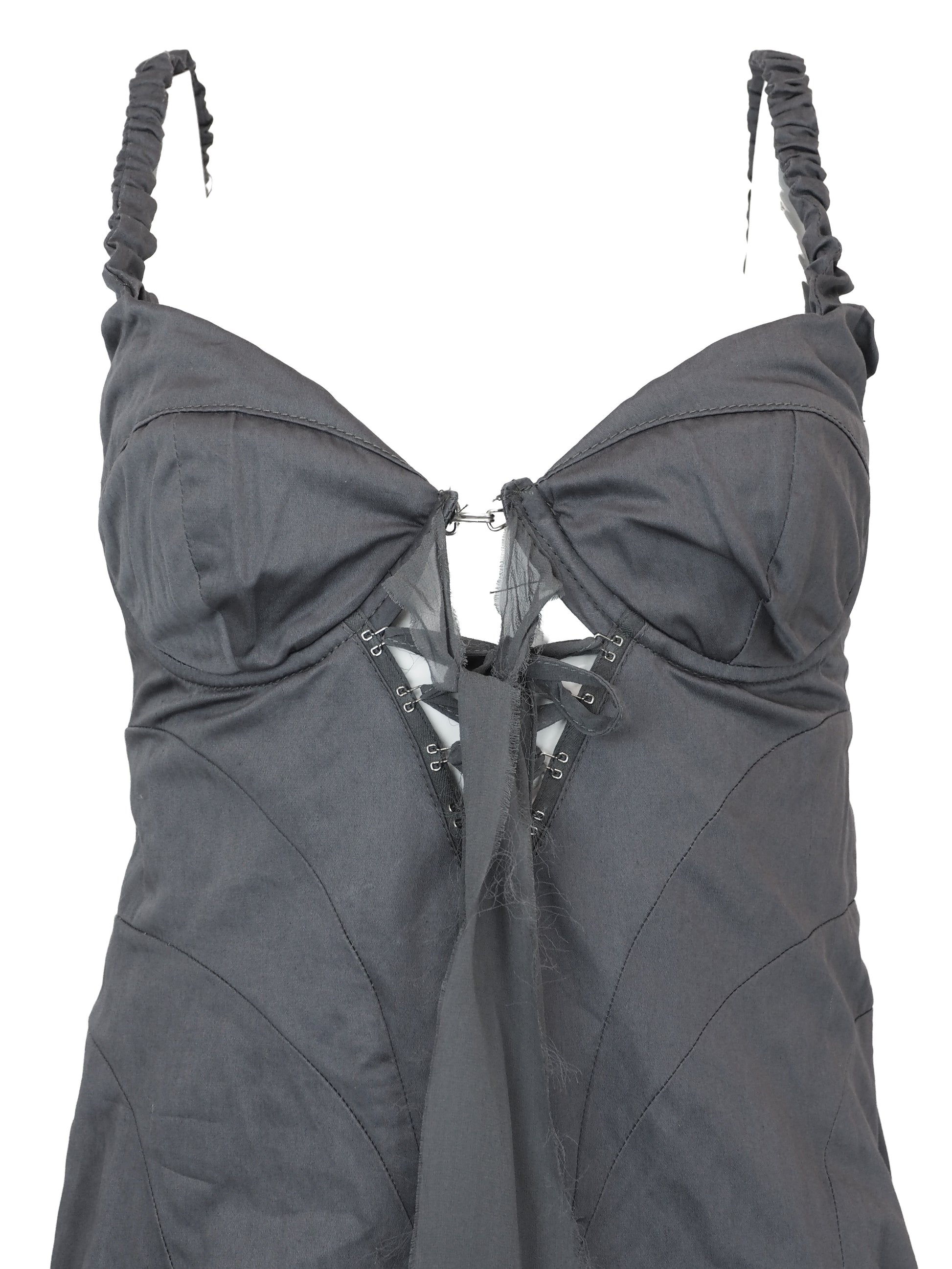 A vintage dark gray strappy dress with a sweetheart neckline, ruched bust, and lace-up front detail