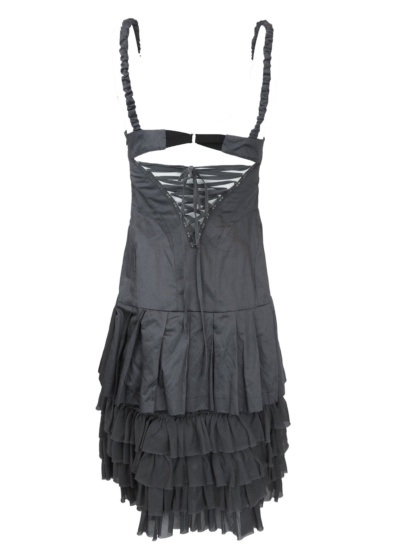 A vintage dark gray gothic-style mini dress with braided shoulder straps, a lace-up corset bodice, and a tiered ruffled skirt