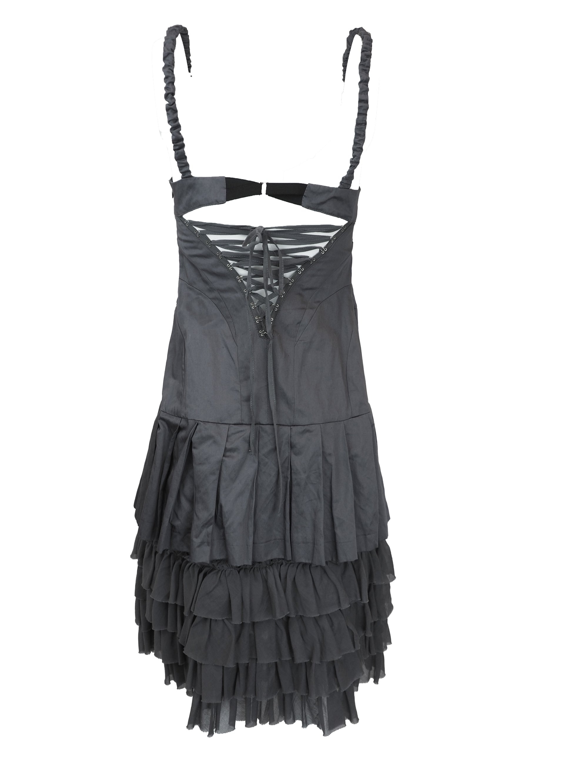 A vintage dark gray gothic-style mini dress with braided shoulder straps, a lace-up corset bodice, and a tiered ruffled skirt