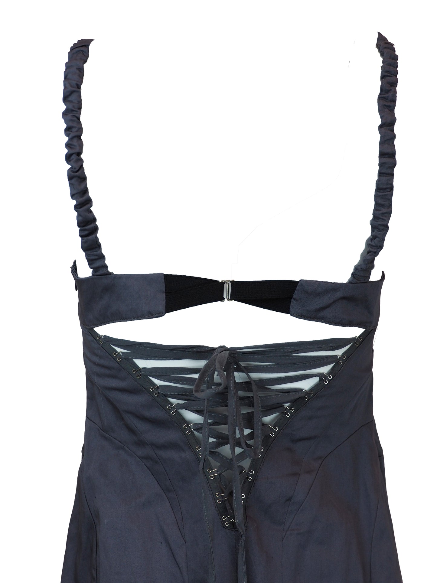 A vintage ab soul 1990's grey tiered ruffle dress with a sweetheart neckline, lace-up front, and elastic thin shoulder straps