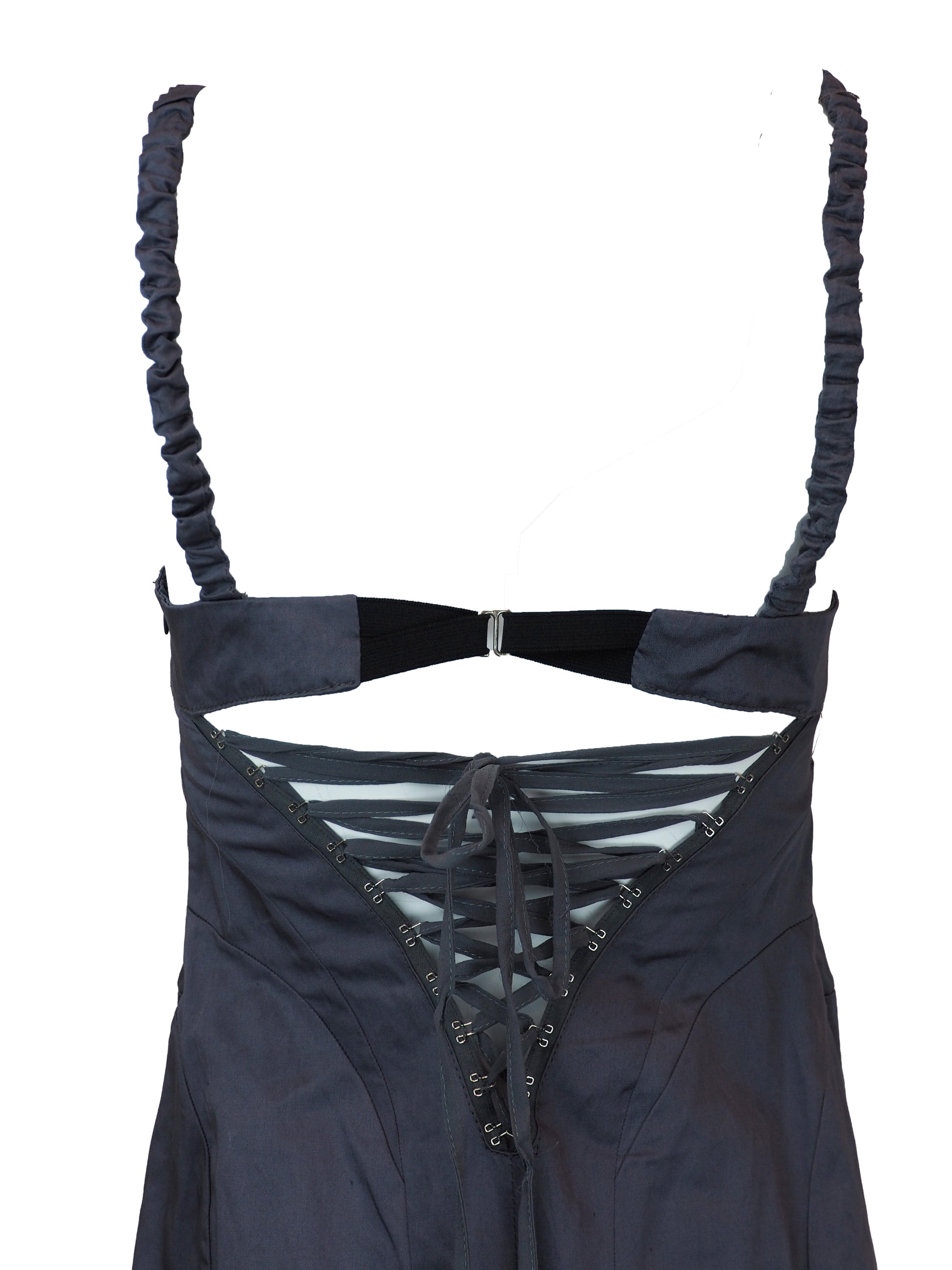 A vintage ab soul 1990's grey tiered ruffle dress with a sweetheart neckline, lace-up front, and elastic thin shoulder straps