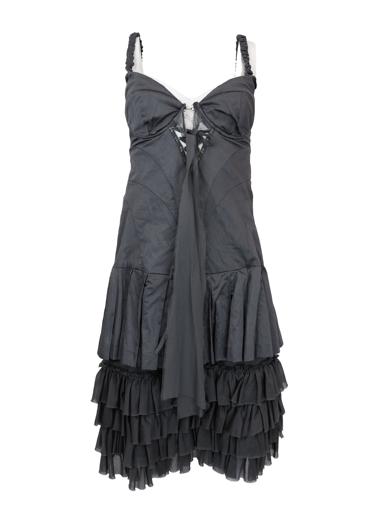 A vintage ab soul 1990's grey tiered ruffle dress with a sweetheart neckline, lace-up front, and elastic thin shoulder straps