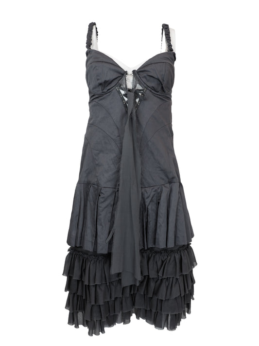 A vintage ab soul 1990's grey tiered ruffle dress with a sweetheart neckline, lace-up front, and elastic thin shoulder straps