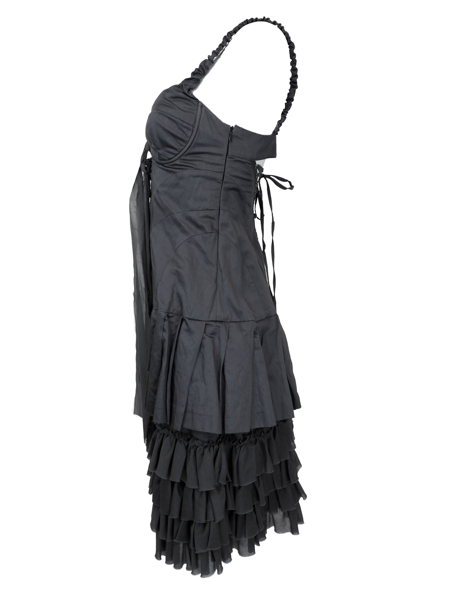 A vintage ab soul 1990's grey tiered ruffle dress with a sweetheart neckline, lace-up front, and elastic thin shoulder straps