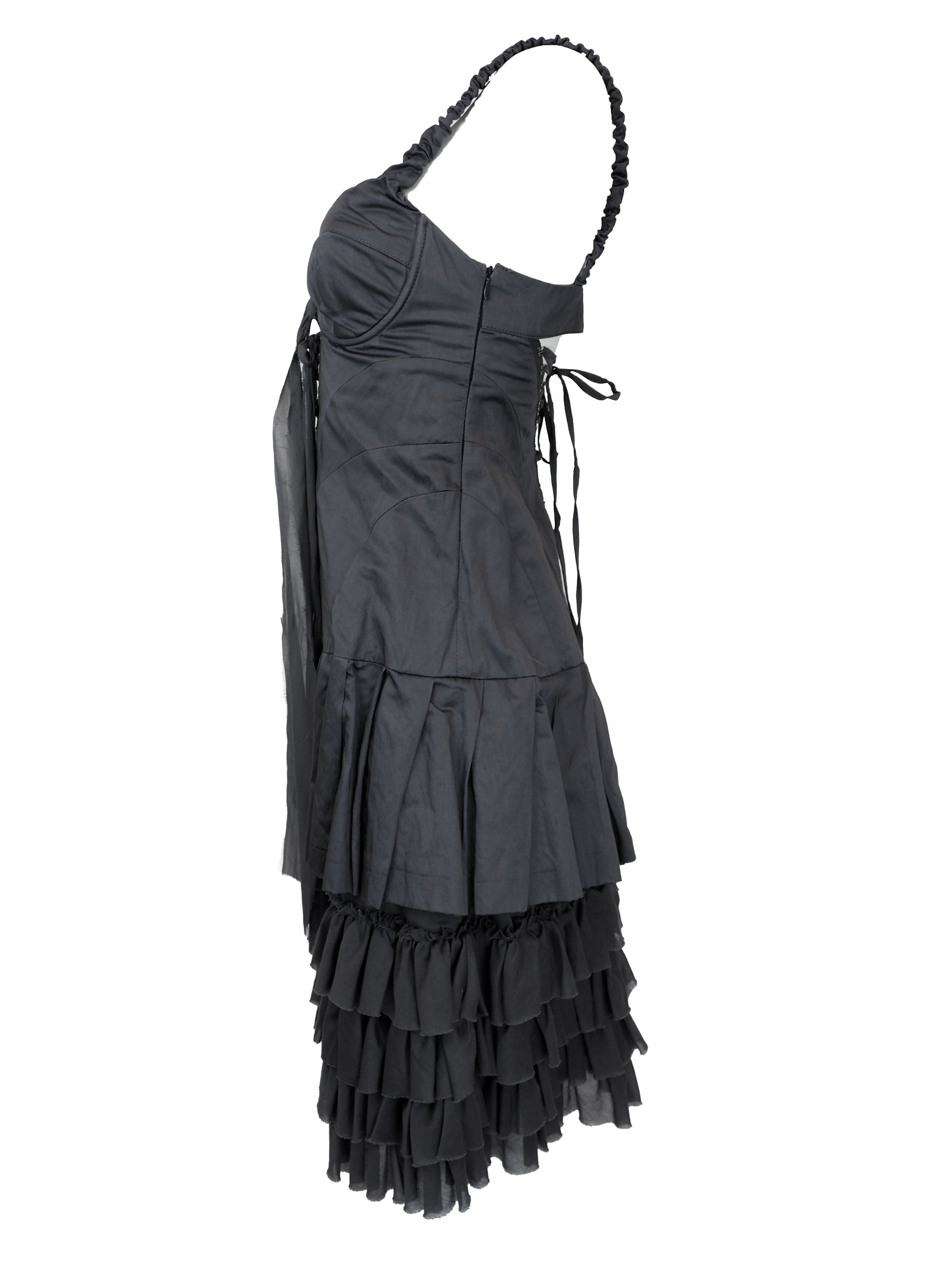 A vintage ab soul 1990's grey tiered ruffle dress with a sweetheart neckline, lace-up front, and elastic thin shoulder straps