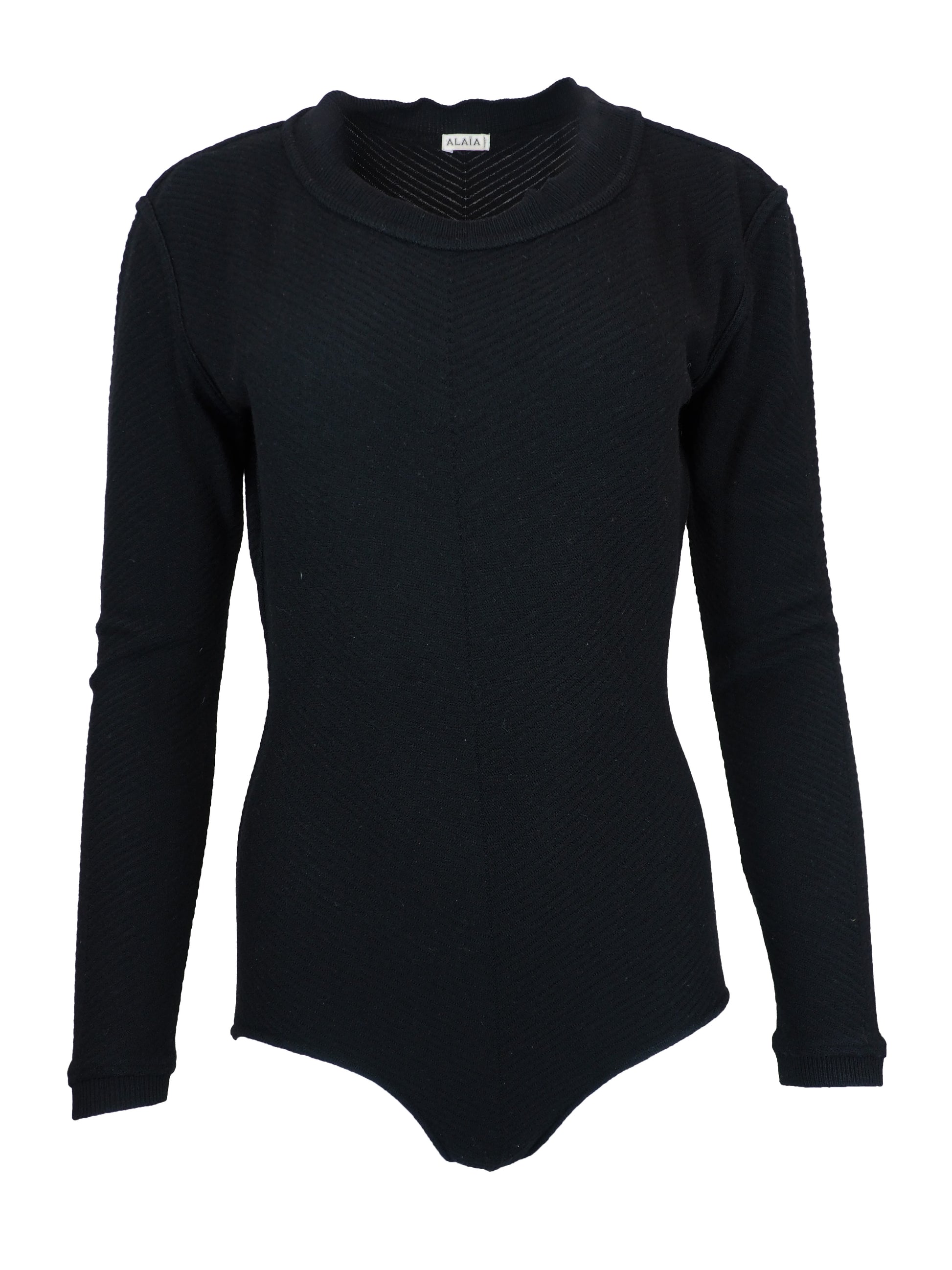 A vintage alaia black long-sleeve ribbed bodysuit with a mock neck