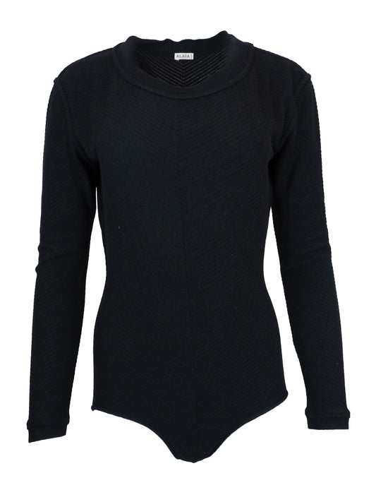 A vintage alaia black long-sleeve ribbed bodysuit with a mock neck