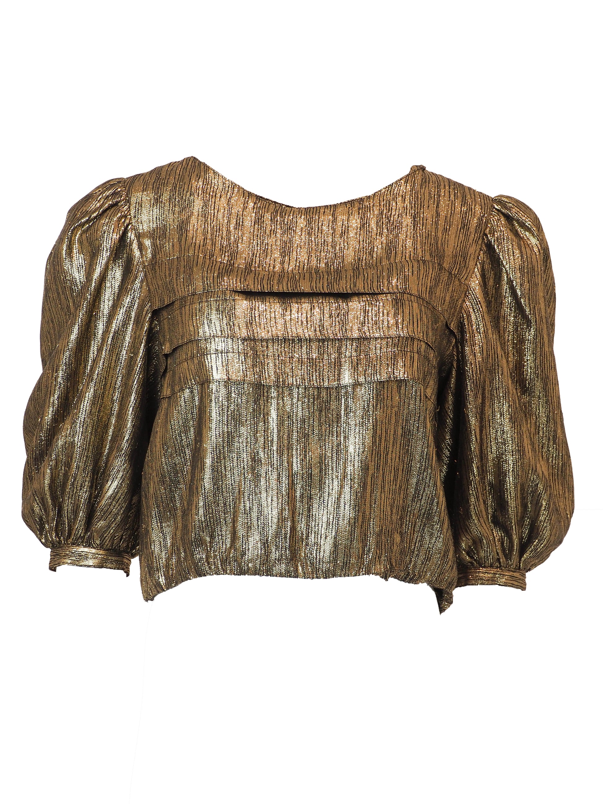A vintage Albert Nipon metallic bronze cropped blouse with puffed short sleeves and a textured, pleated fabric finish