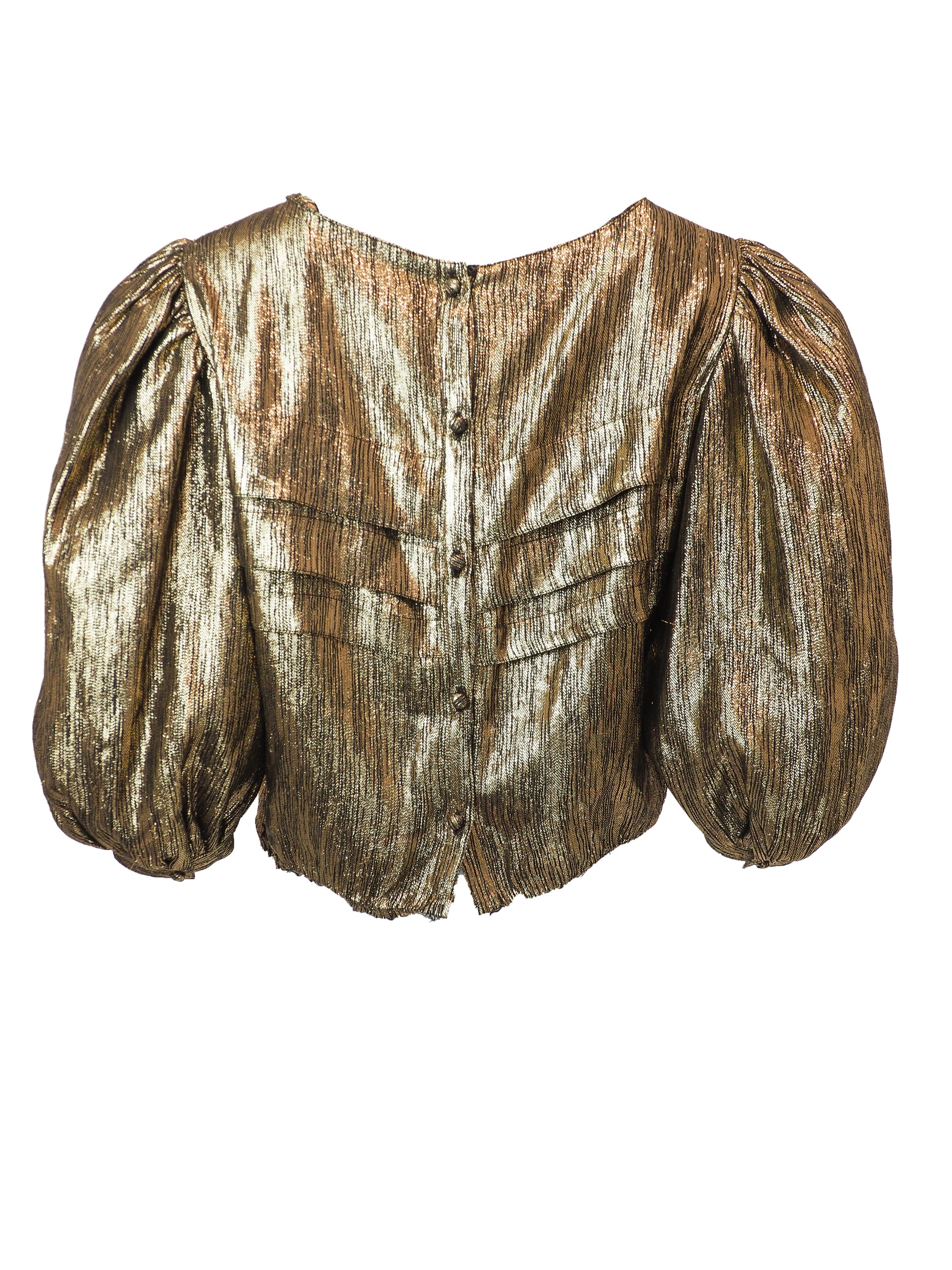 A vintage Albert Nipon metallic bronze cropped blouse with puffed short sleeves and a textured, pleated fabric finish