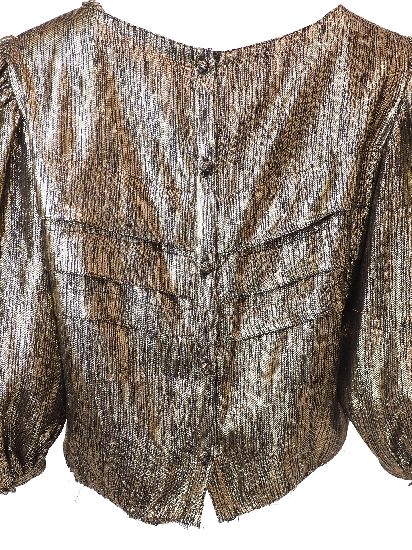 A vintage Albert Nipon metallic bronze cropped blouse with puffed short sleeves and a textured, pleated fabric finish