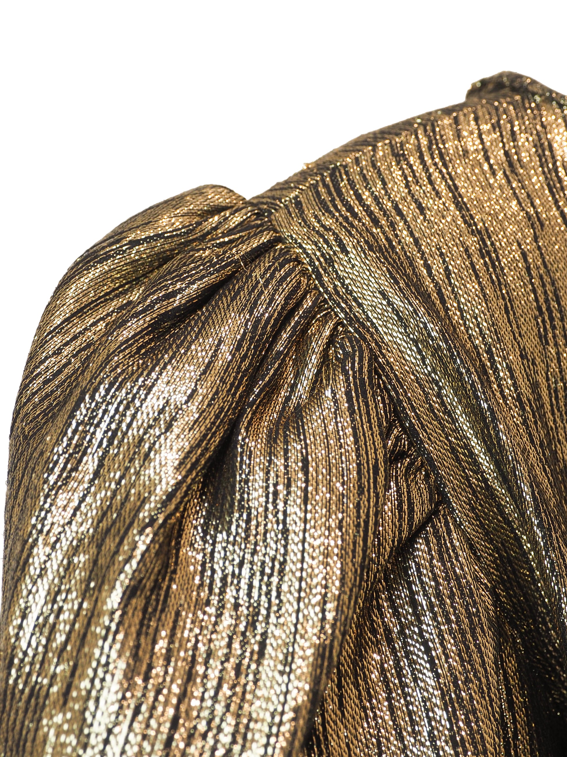 A vintage Albert Nipon metallic bronze cropped blouse with puffed short sleeves and a textured, pleated fabric finish