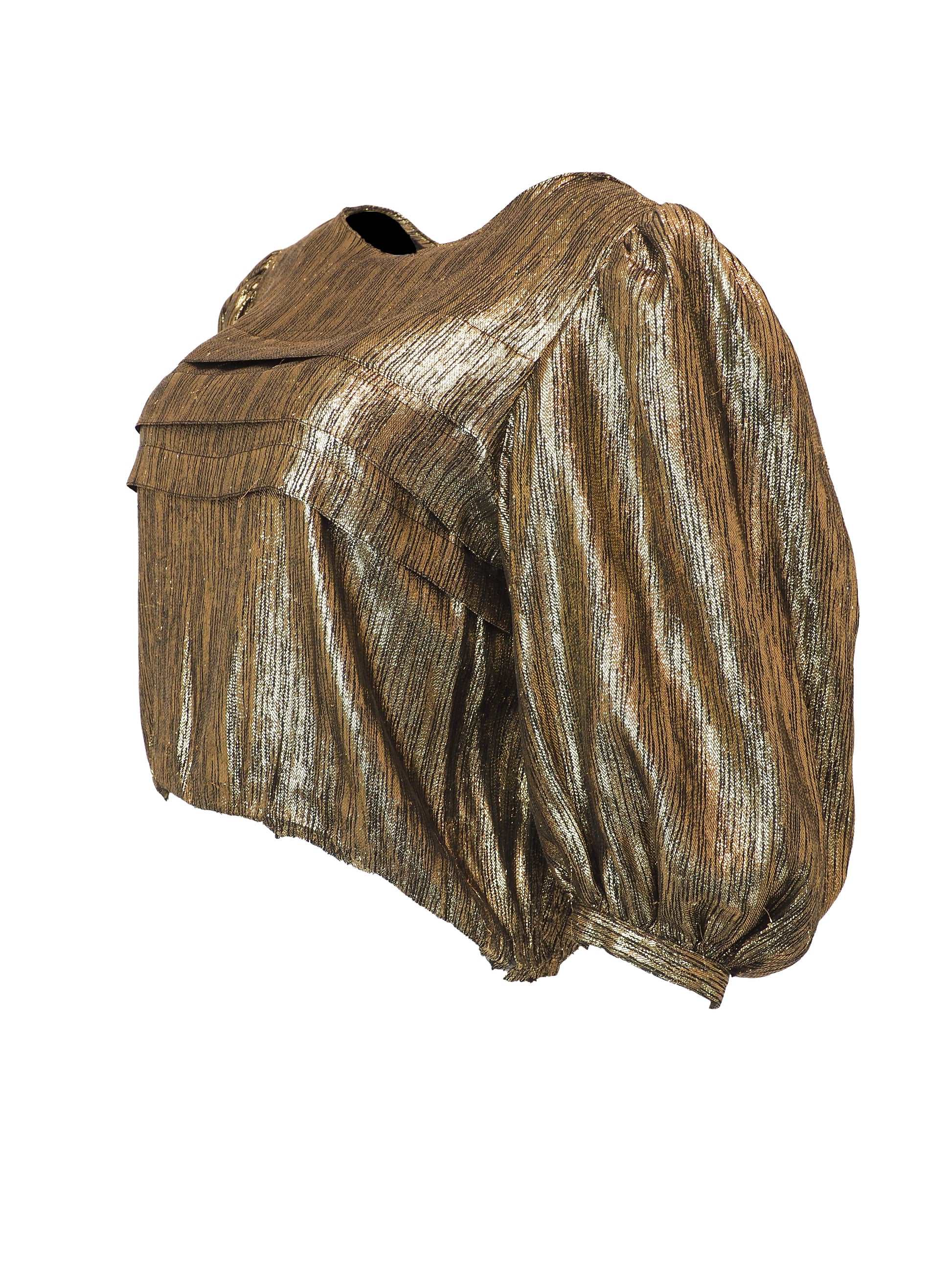 A vintage Albert Nipon metallic bronze cropped blouse with puffed short sleeves and a textured, pleated fabric finish