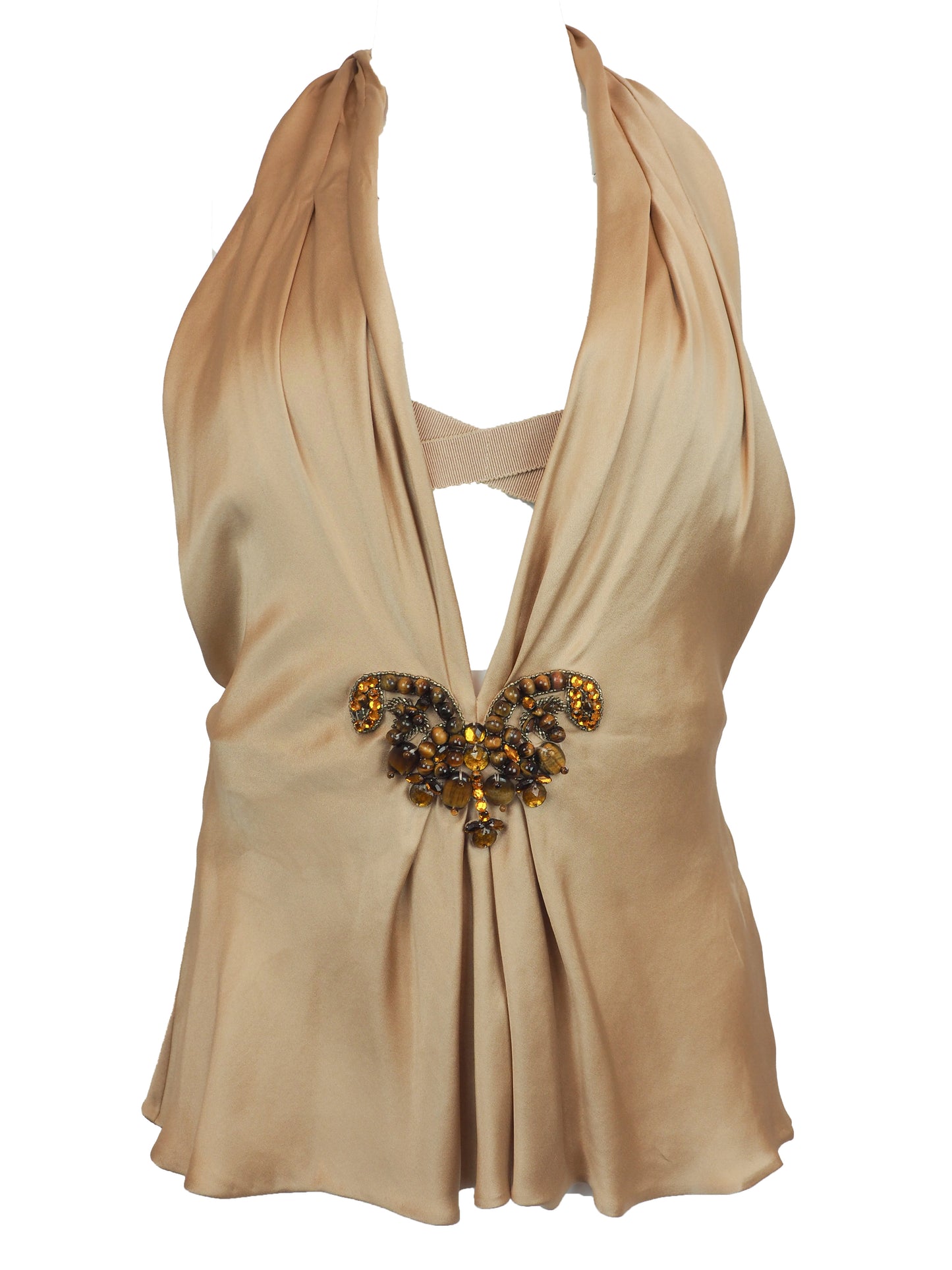 A vintage Alberta ferreti beige satin halter top with a draped neckline and a decorative jeweled embellishment at the center front