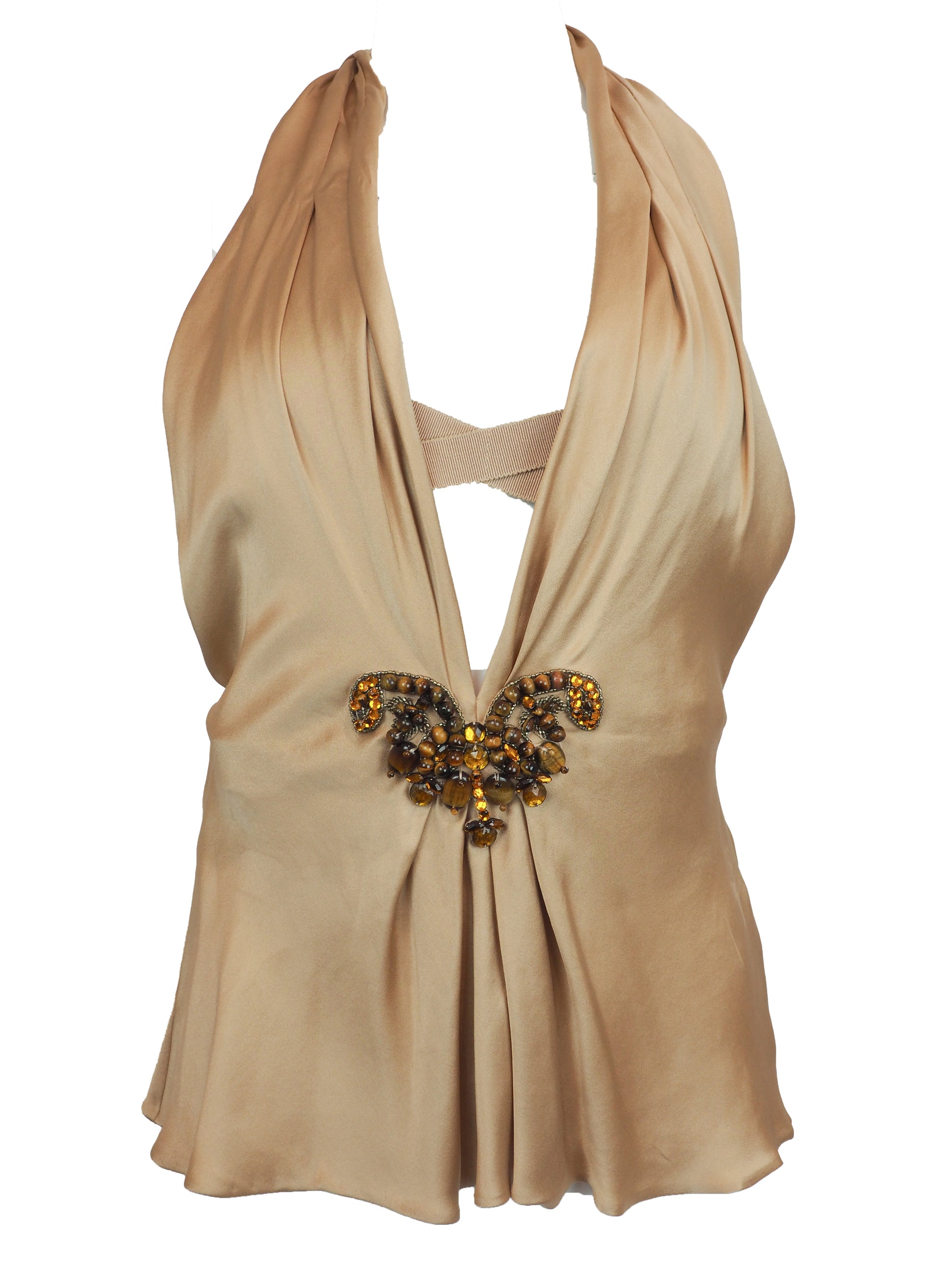 A vintage Alberta ferreti beige satin halter top with a draped neckline and a decorative jeweled embellishment at the center front