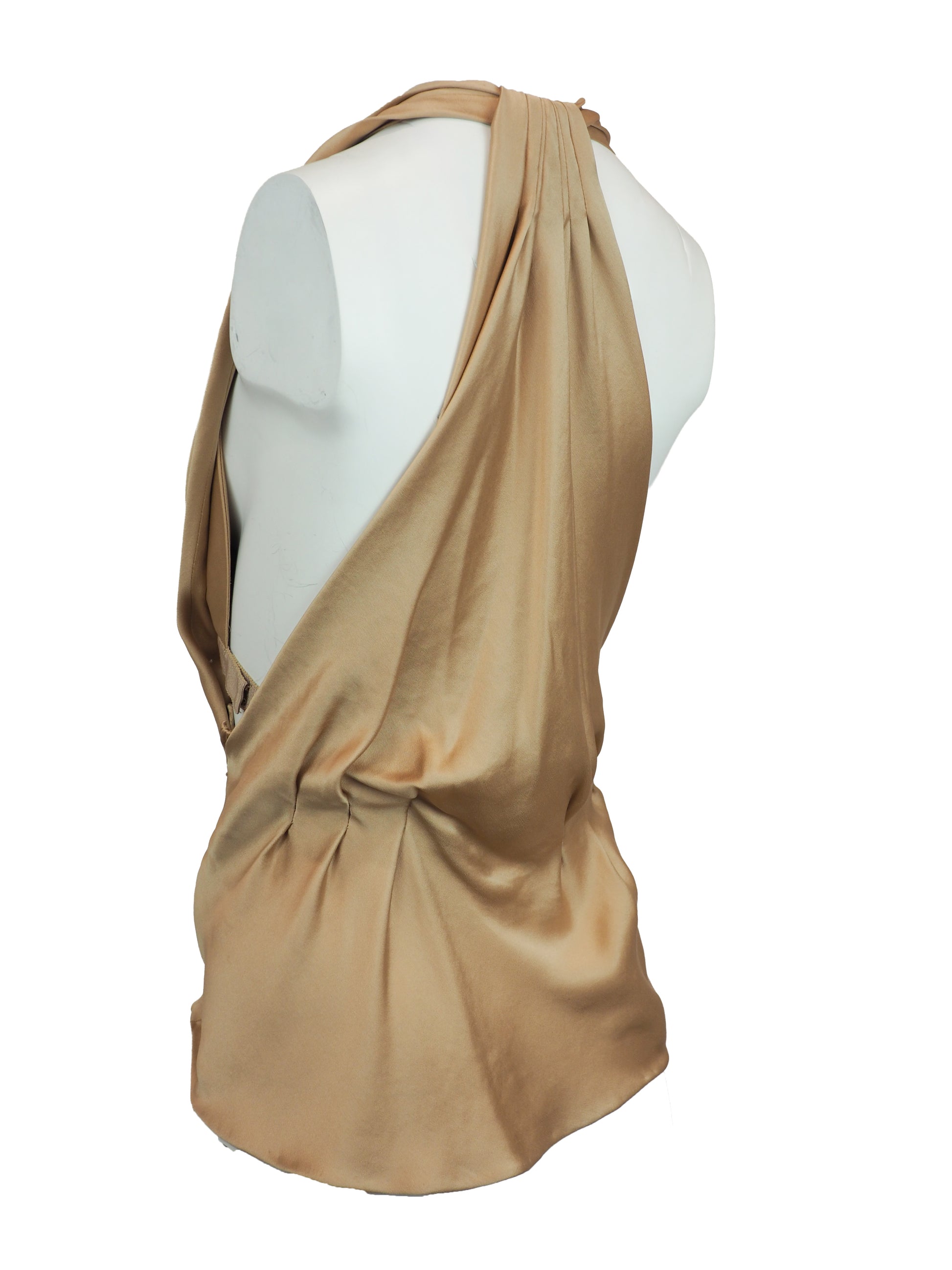 A vintage Alberta ferreti beige satin halter top with a draped neckline and a decorative jeweled embellishment at the center front