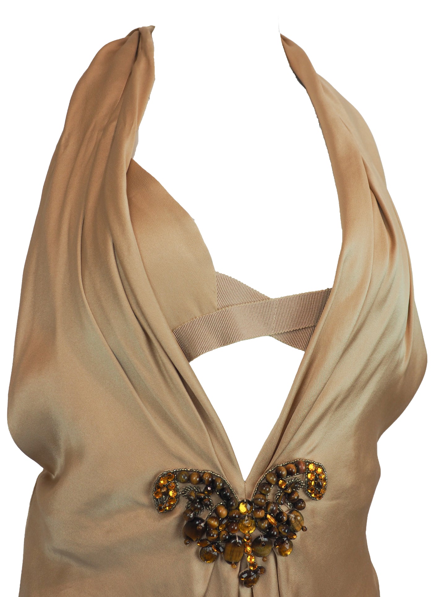 A vintage Alberta ferreti beige satin halter top with a draped neckline and a decorative jeweled embellishment at the center front