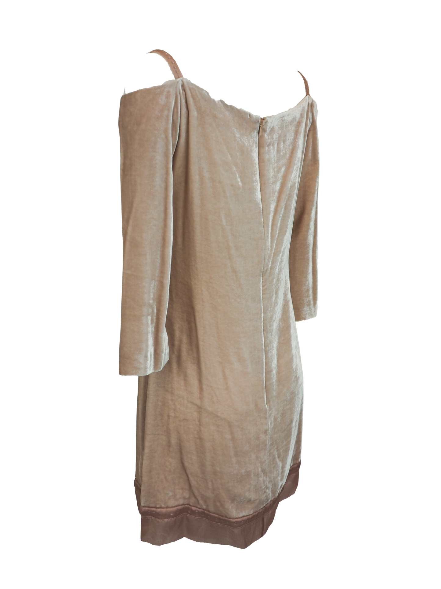 Alberta Ferreti light beige pink velvet cold-shoulder dress with three-quarter sleeves and a matching beige lace hem, shown against a plain white background.