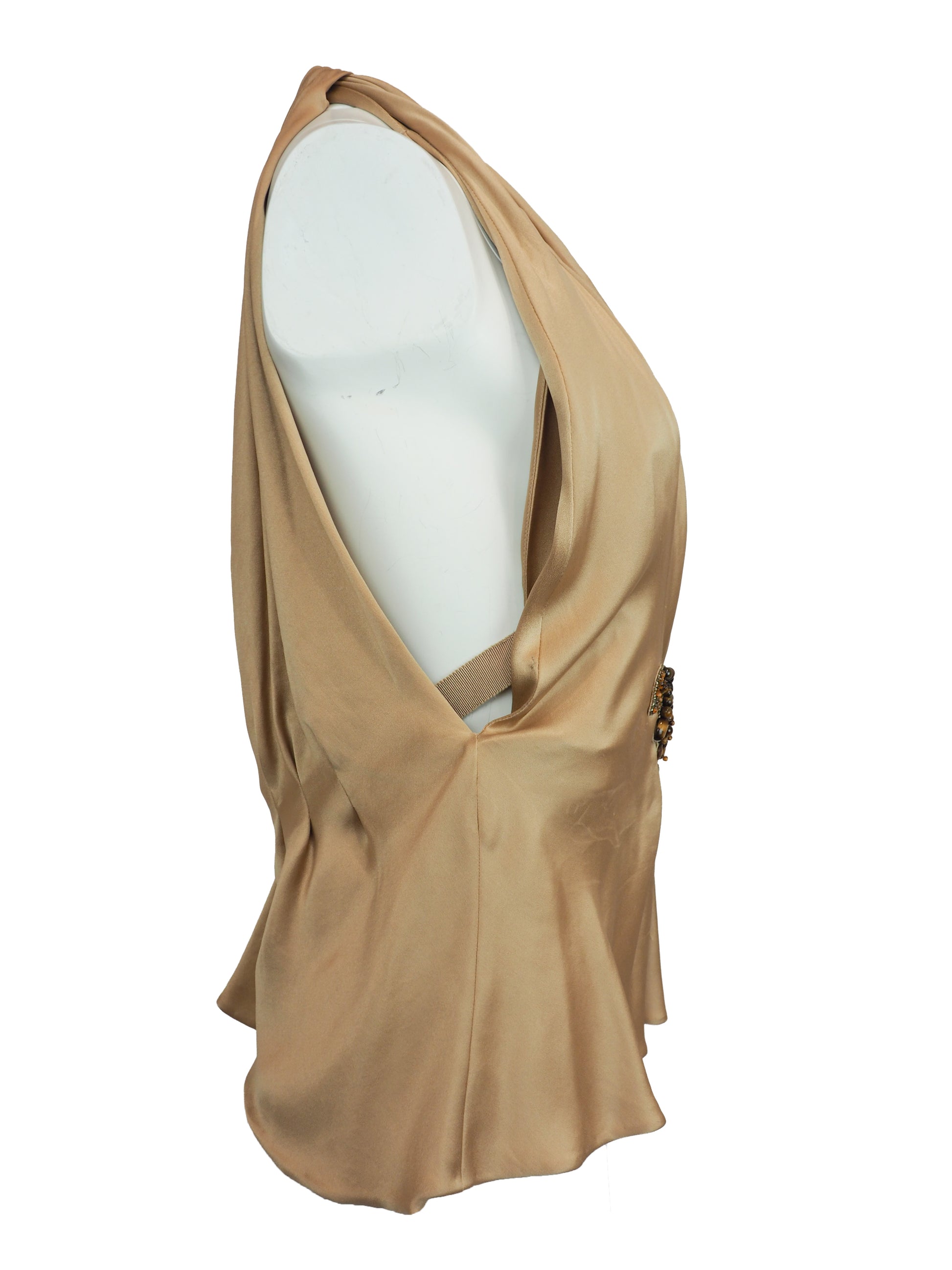 A vintage Alberta ferreti beige satin halter top with a draped neckline and a decorative jeweled embellishment at the center front