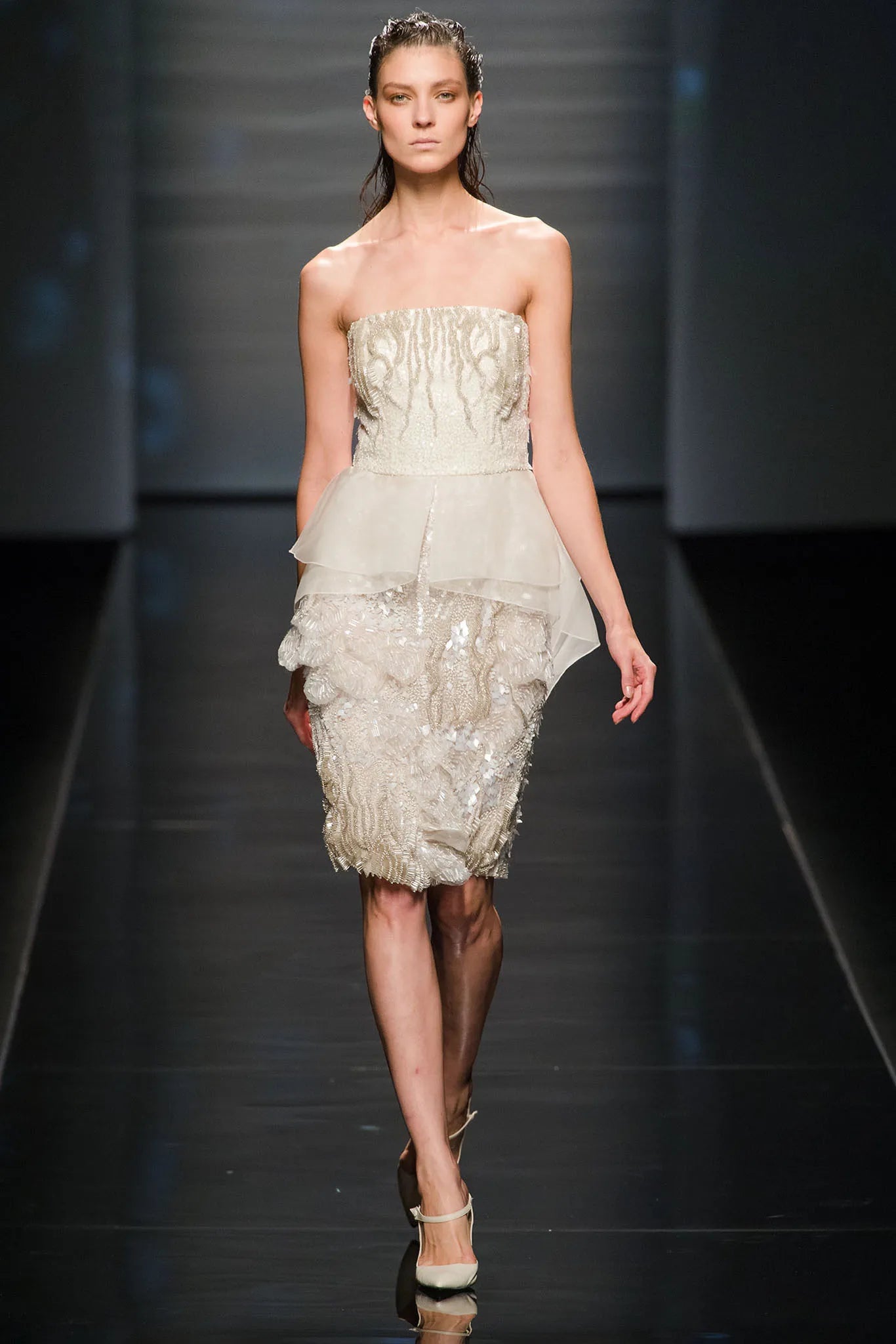 Alberta Ferretti S/S 2013 White Beaded Cocktail Peplum Dress
