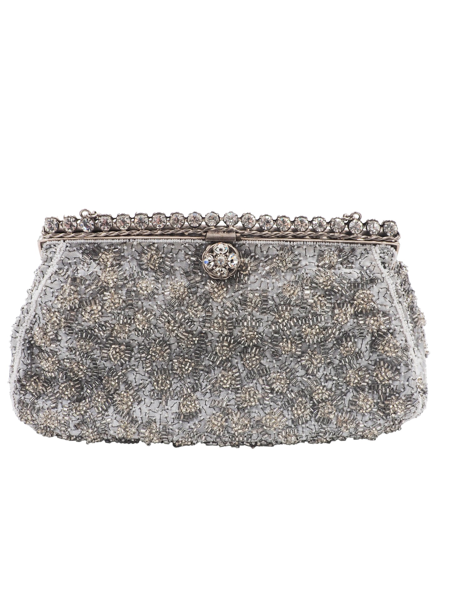A vintage Elizabeth Arden silver-gray beaded evening clutch bag with a chain strap and a decorative crystal-embellished clasp