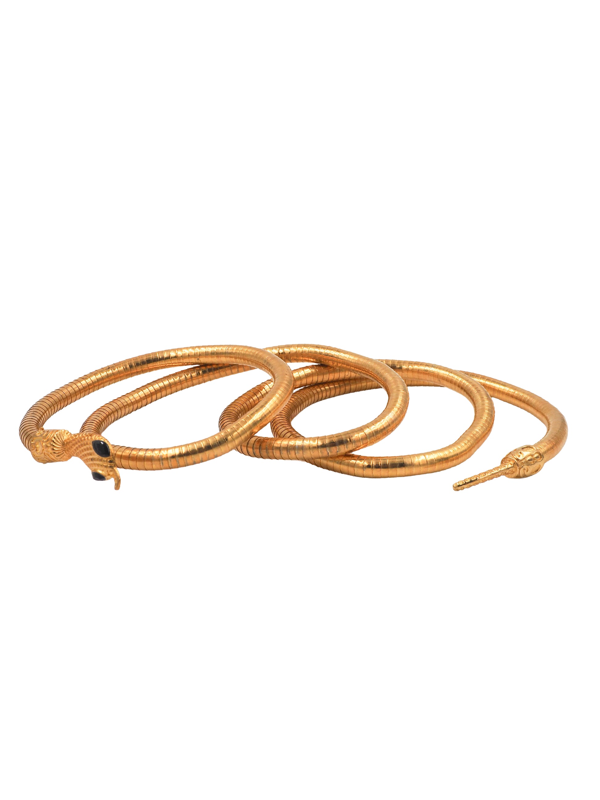 A vintage gold snake wrap bracelet with detailed scales and small black eyes