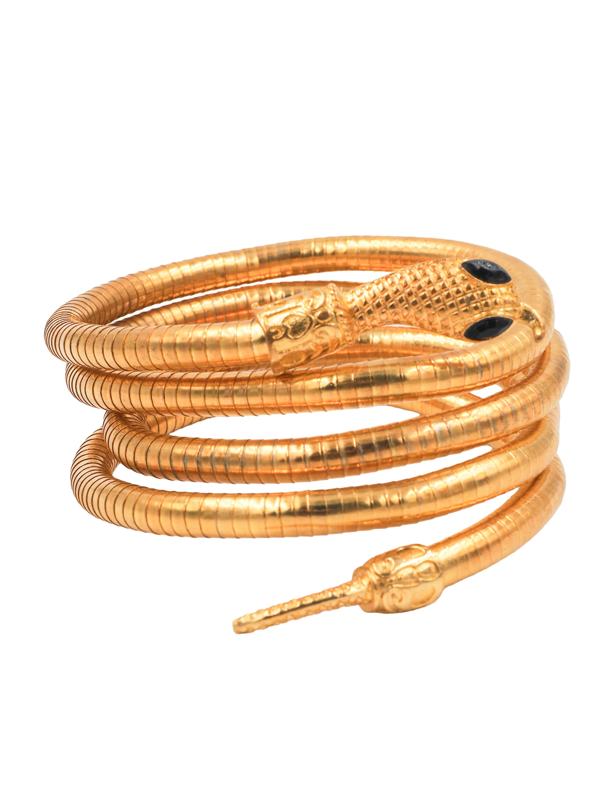A vintage gold snake wrap bracelet with detailed scales and small black eyes