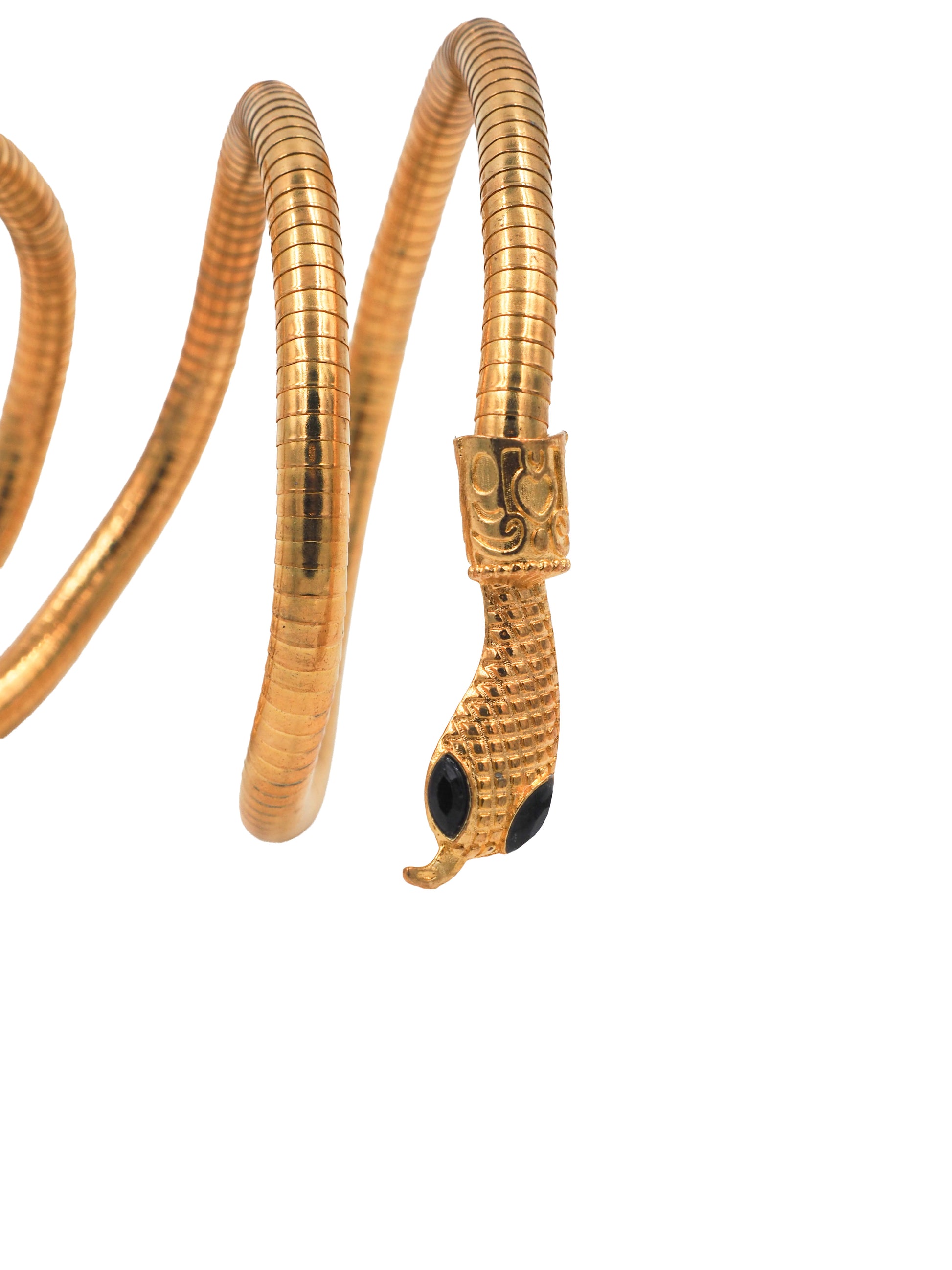 A vintage gold snake wrap bracelet with detailed scales and small black eyes