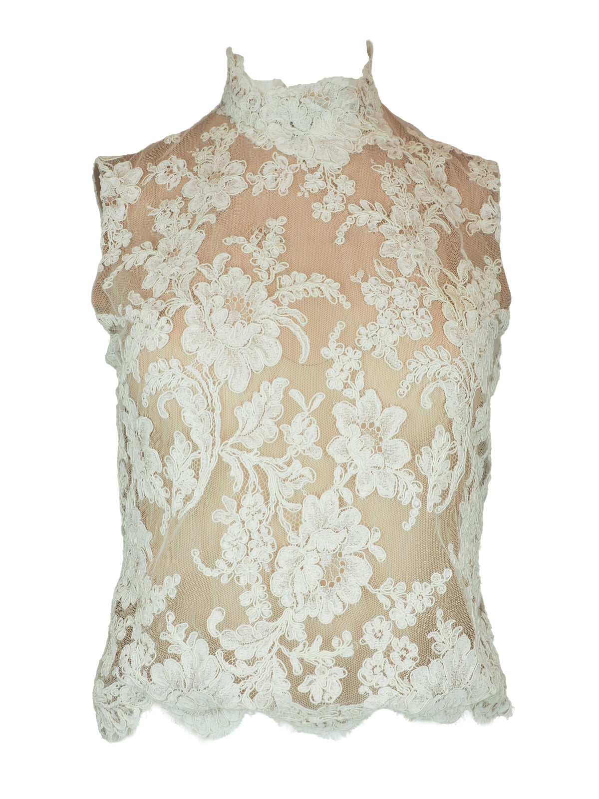 A sleeveless high-neck sheer mesh top featuring an intricate white floral lace overlay