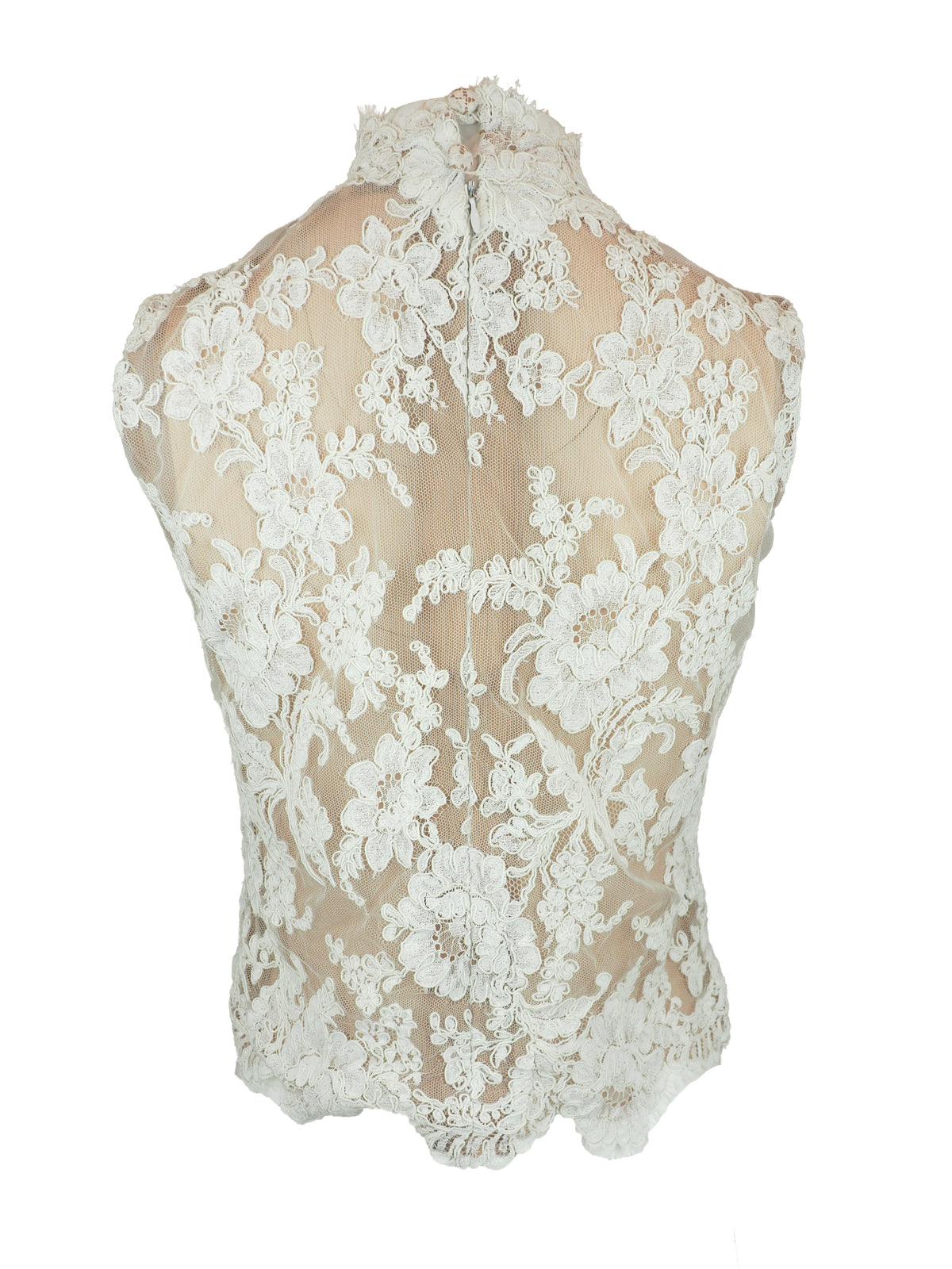A sleeveless high-neck sheer mesh top featuring an intricate white floral lace overlay