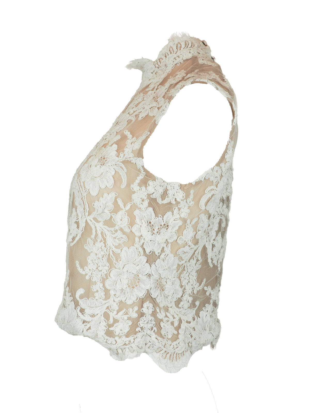 A sleeveless high-neck sheer mesh top featuring an intricate white floral lace overlay