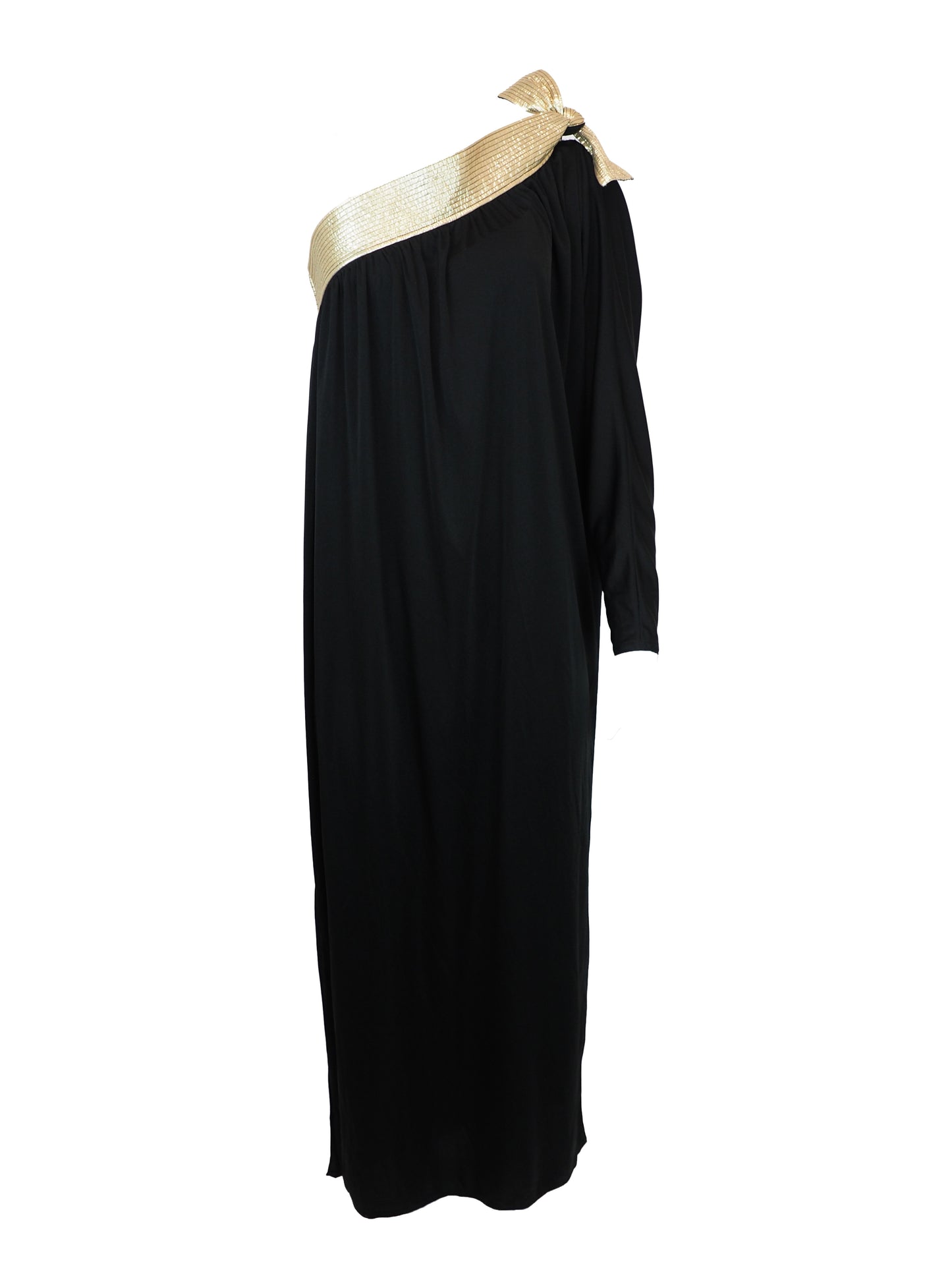 A vintage bill Tice black one-shoulder maxi dress with a wide, textured gold shoulder strap and a matching gold bow detail at the neckline