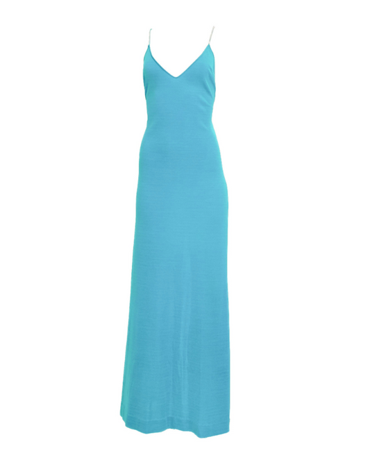 Vintage 1970s Plunging Back Turquoise Jersey Rhinestone Strap Dress