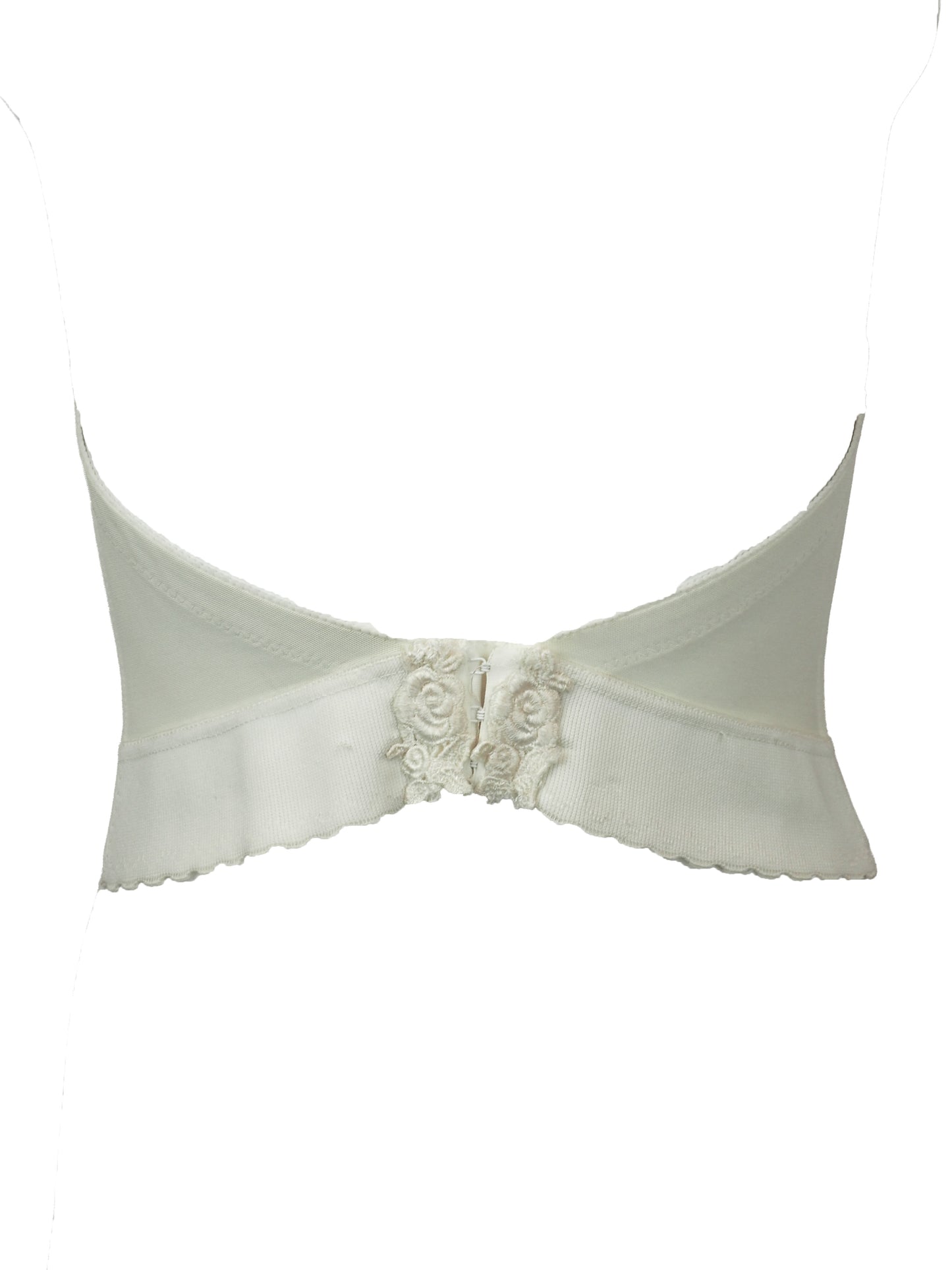A vintage bridal intricate white lace and tulle corset-style top with floral embroidery, sequins, and bead embellishments