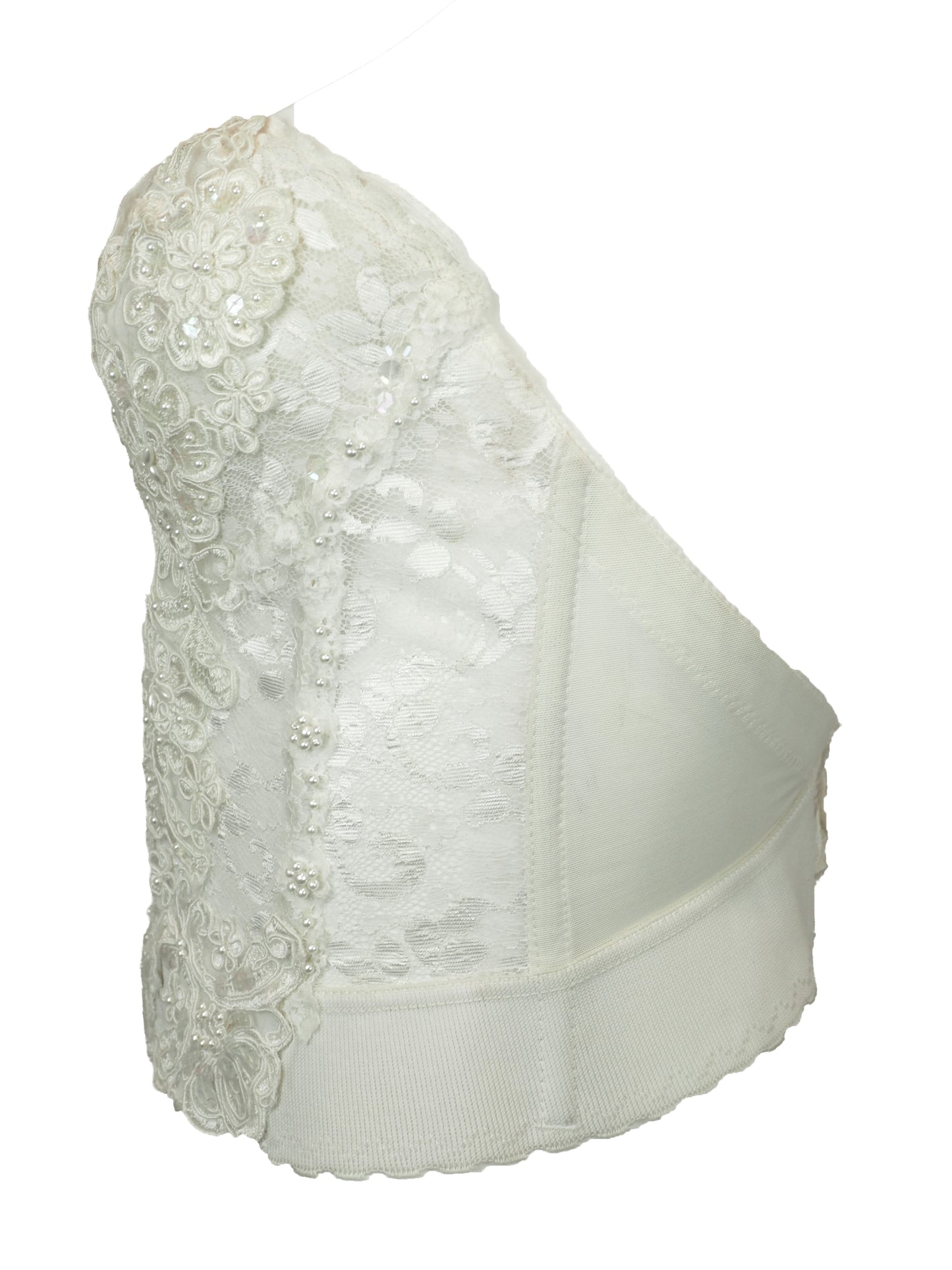 A vintage bridal intricate white lace and tulle corset-style top with floral embroidery, sequins, and bead embellishments
